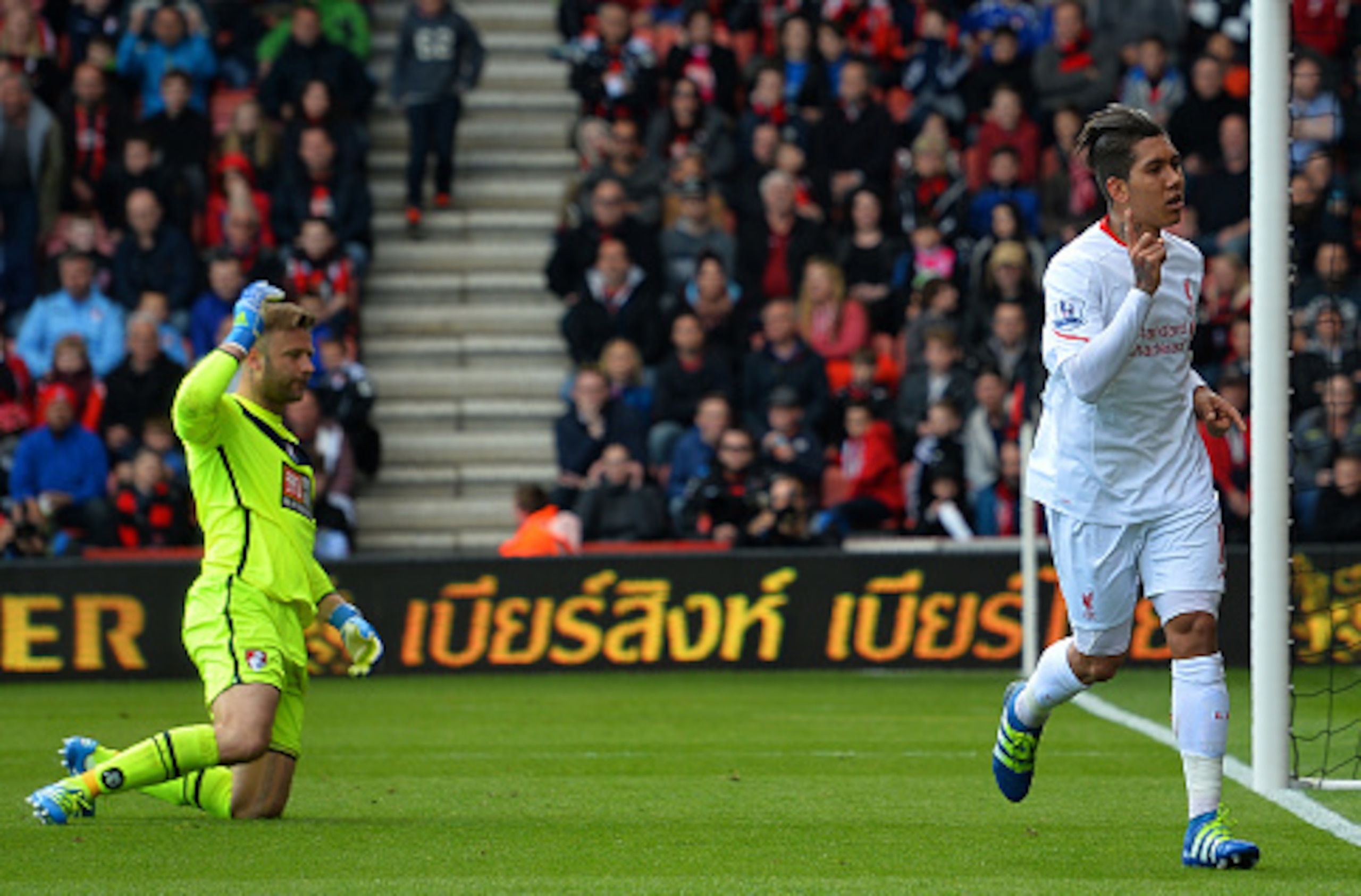 Artur Boruc wonders what went wrong as Roberto Firmino celebrates scoring Liverpool's opener.