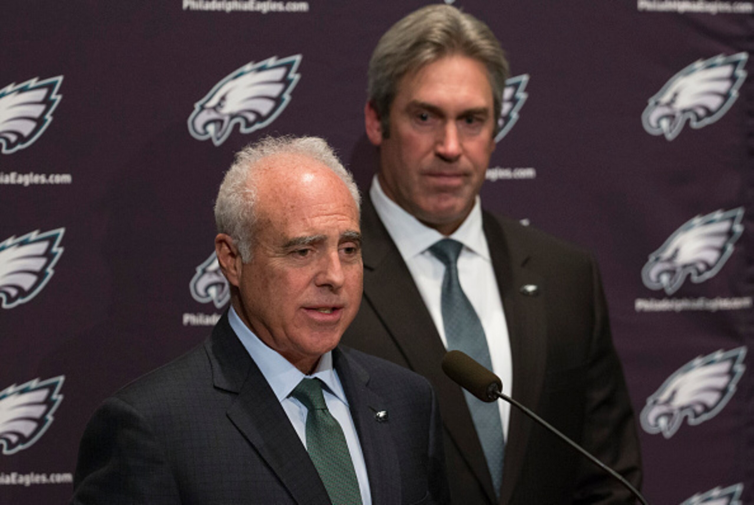 Owner Jeffrey Lurie (left) and new head coach Doug Pederson (right) are busy at work repairing Chip Kelly's mess.