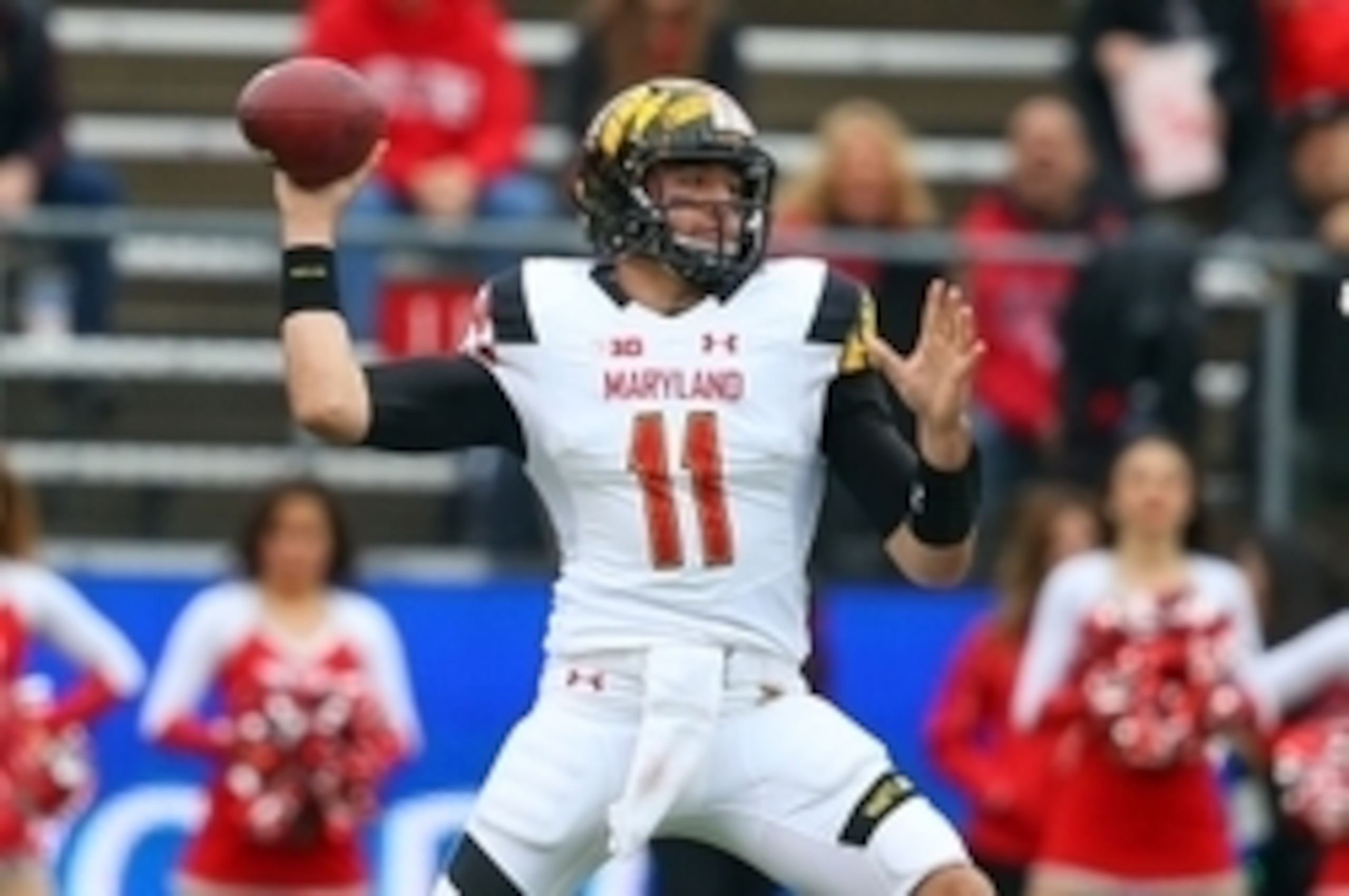 Nov 28, 2015; Piscataway, NJ, USA; Maryland Terrapins quarterback Perry Hills (11) throws a pass during the first half of their game against the Rutgers Scarlet Knights at High Points Solutions Stadium. Mandatory Credit: Ed Mulholland-USA TODAY Sports