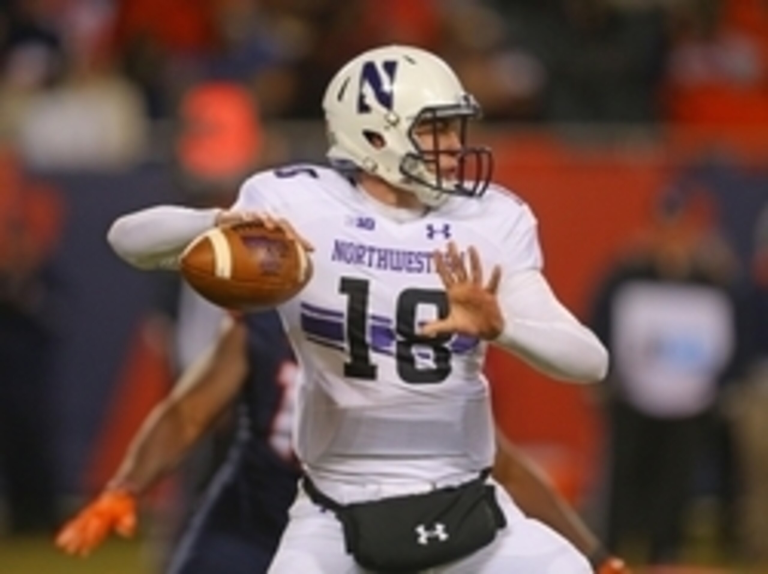 Nov 28, 2015; Chicago, IL, USA; Northwestern Wildcats quarterback Clayton Thorson (18) passes the ball during the second half against the Illinois Fighting Illini at Soldier Field. Northwestern won 24-14. Mandatory Credit: Dennis Wierzbicki-USA TODAY Spor