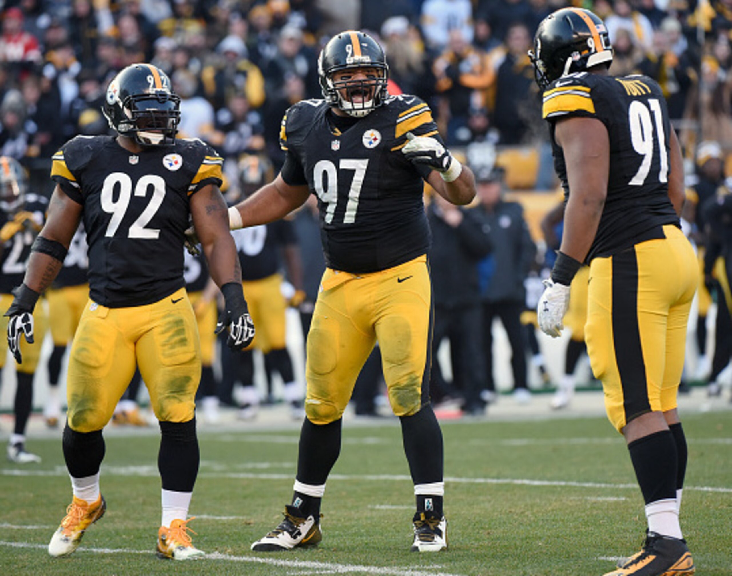 James Harrison (92), Cameron Heyward (97) and Stephon Tuitt (91)
