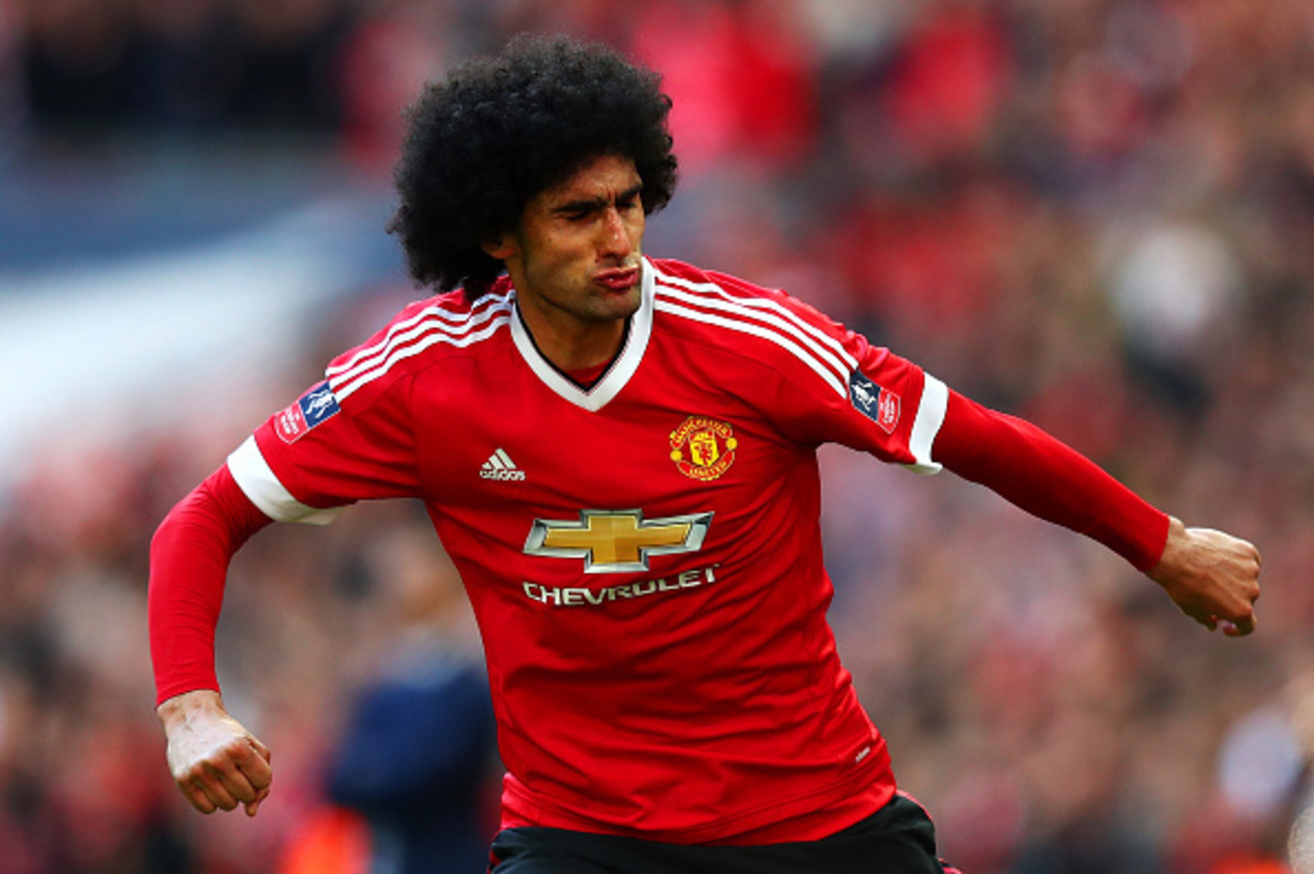 Marouane Fellaini celebrates his Wembley goal.