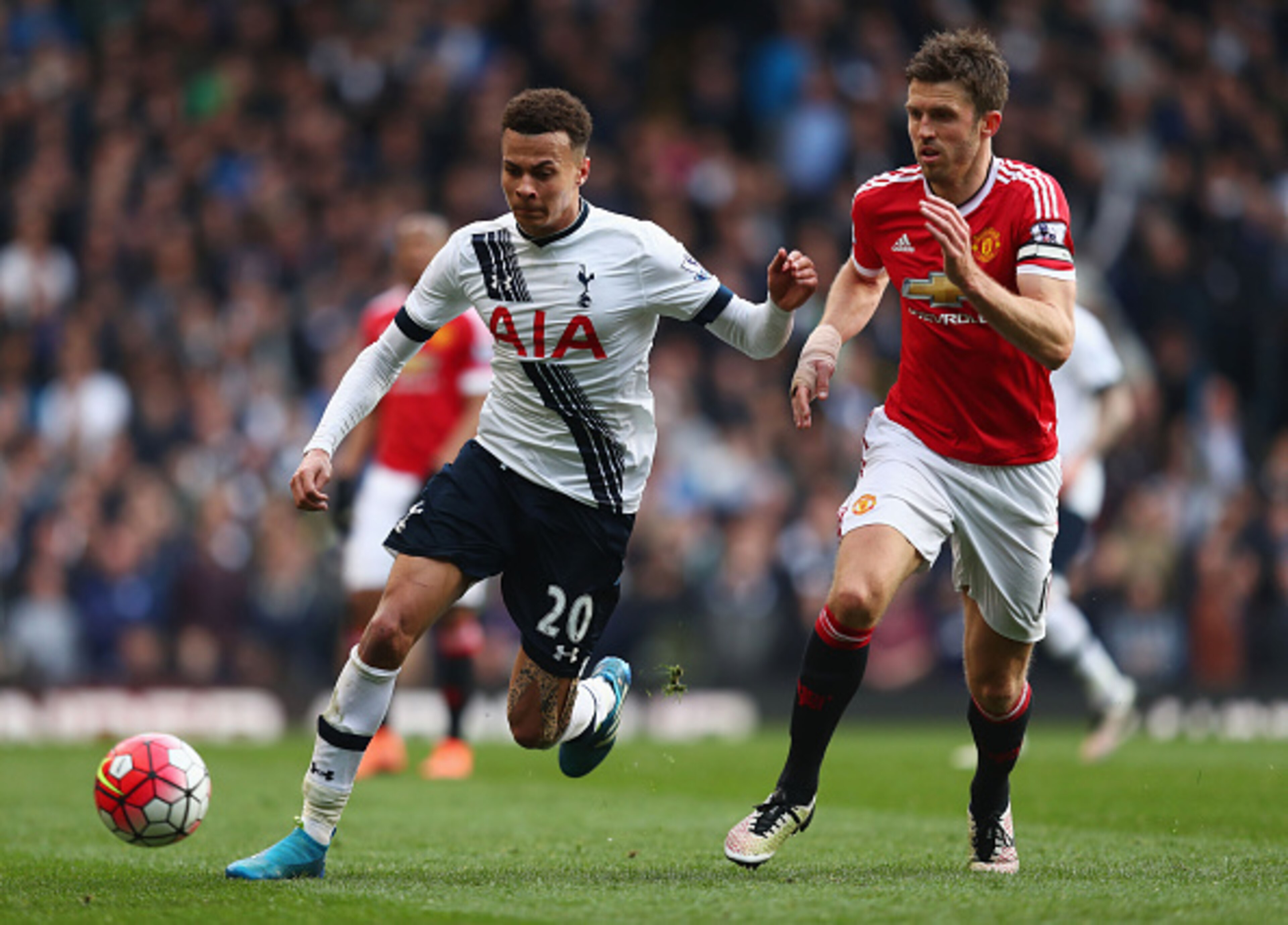 Michael Carrick struggles to keep up with Del Alli as United lose 3-0 to Spurs. Michael Carrick struggles to keep up with Del Alli as United lose 3-0 to Spurs.