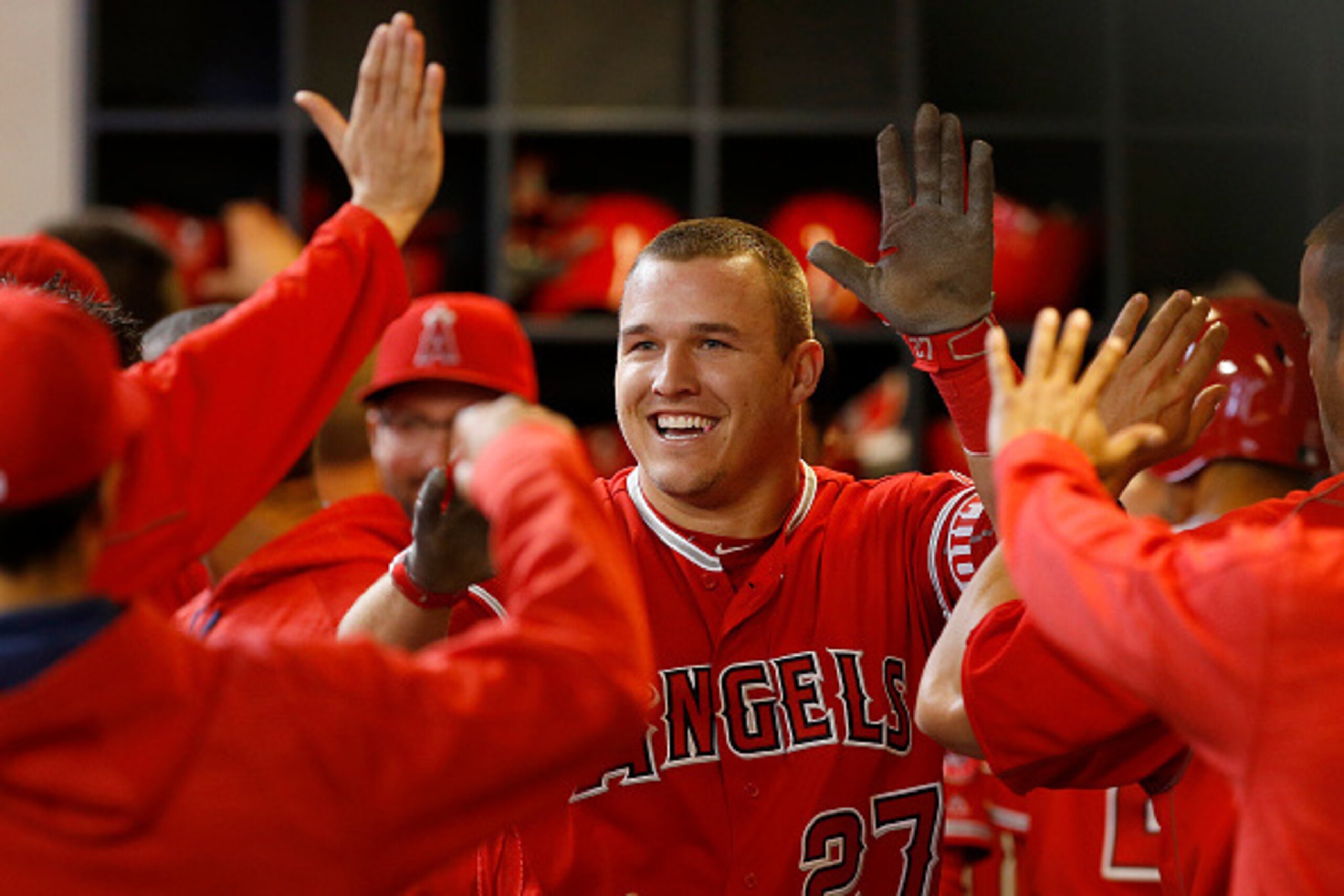 Los Angeles Angels center fielder Mike Trout. Los Angeles Angels center fielder Mike Trout.