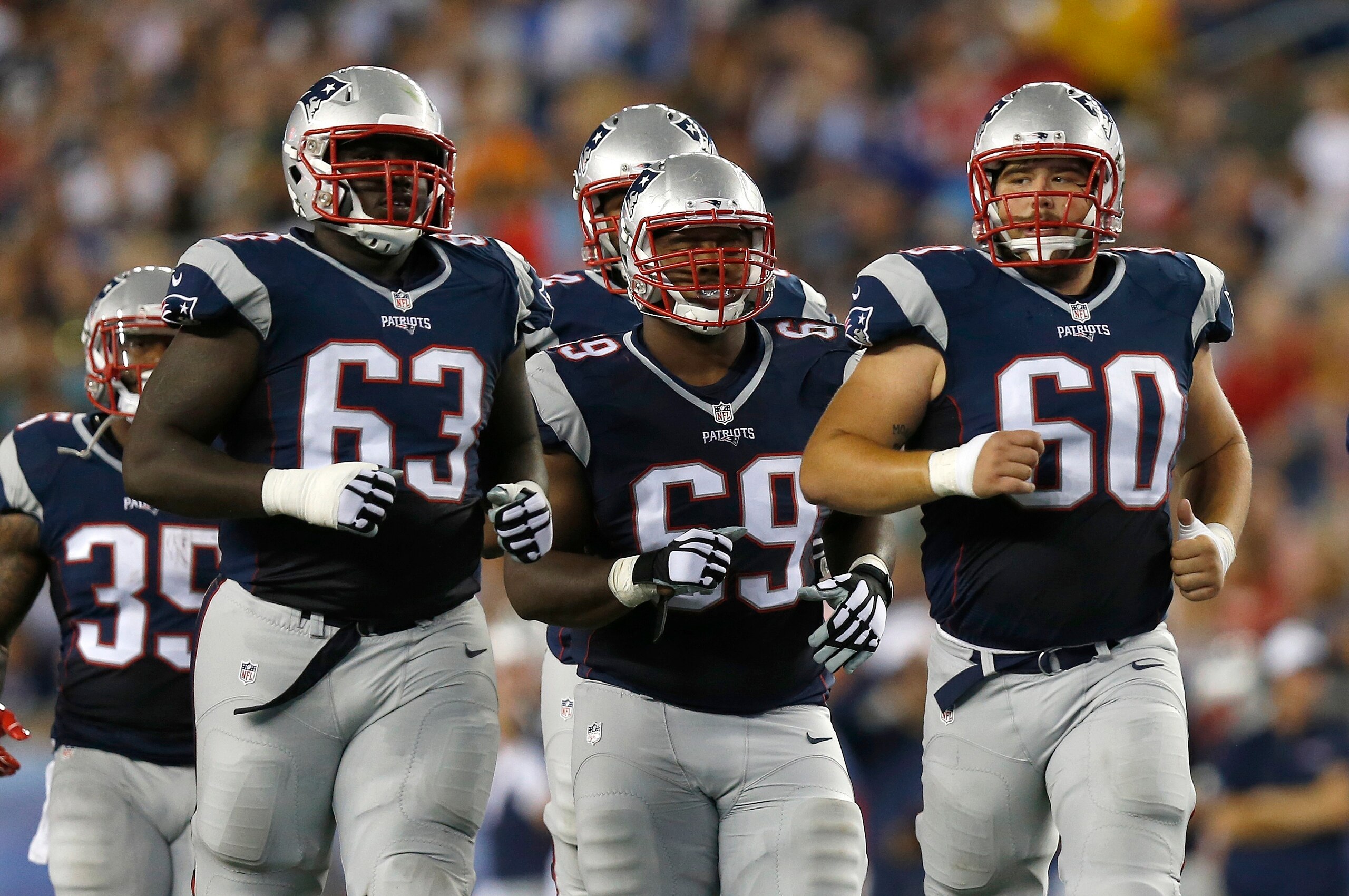 Tre' Jackson (63) and Shaq Mason (69) are both vying to retain their starting jobs of 2015.