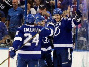 Brian Boyle (right) celebrates with his teammates.