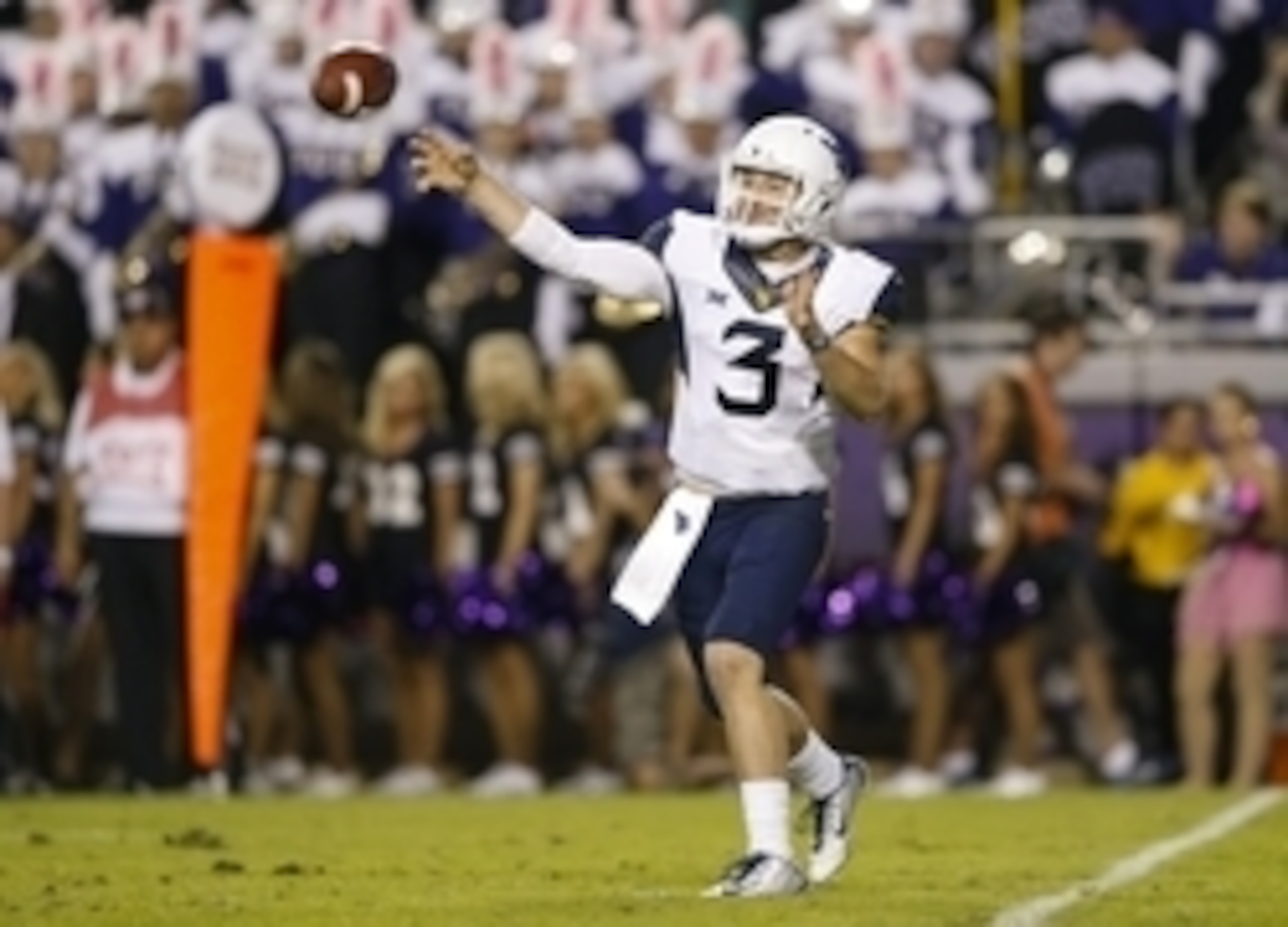 Oct 29, 2015; Fort Worth, TX, USA; West Virginia Mountaineers quarterback Skyler Howard (3) throws during the game against the TCU Horned Frogs at Amon G. Carter Stadium. Mandatory Credit: Kevin Jairaj-USA TODAY Sports
