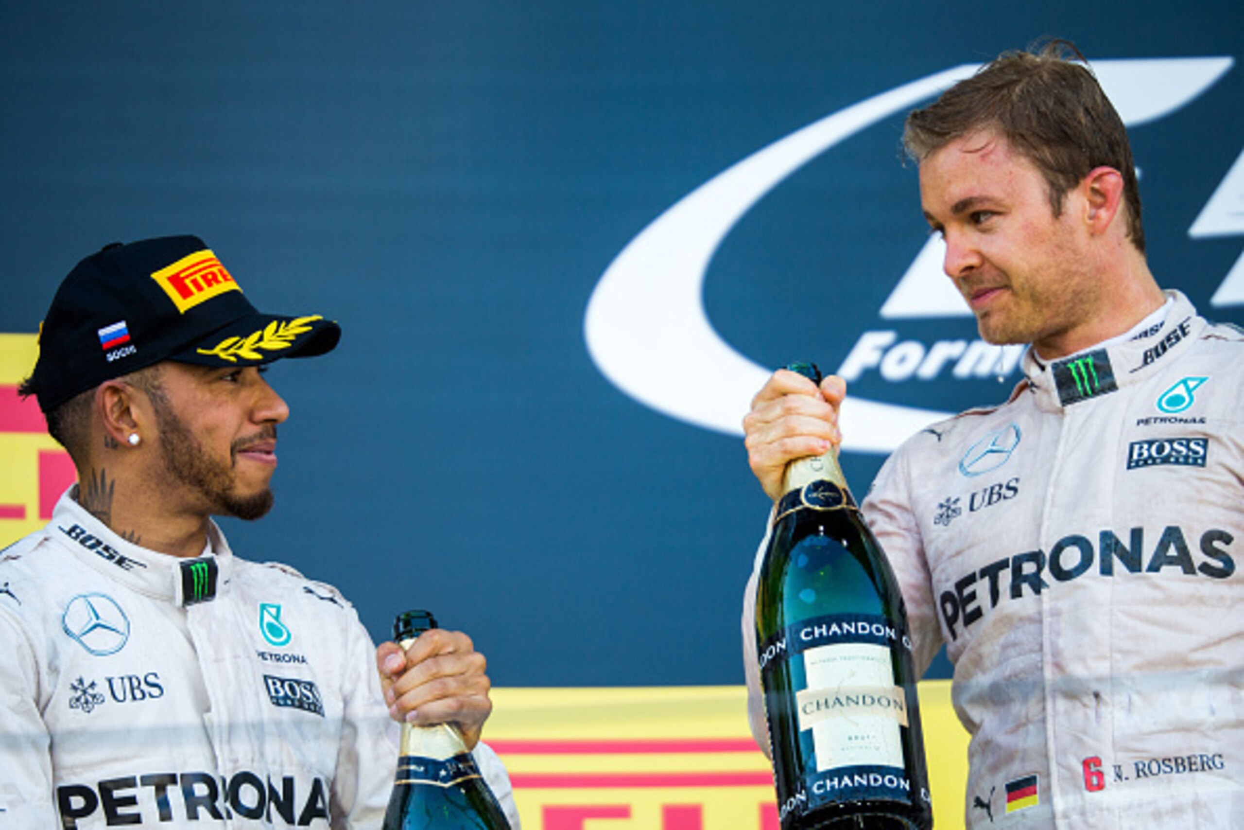 Lewis Hamilton (left) and Nico Rosberg celebrate a Mercedes 1-2 finish at the Russian Grand Prix.