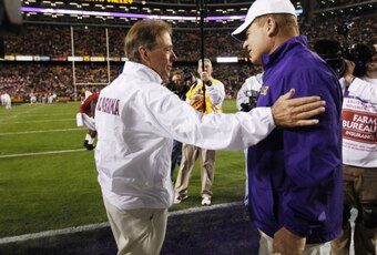 Nick Saban (left) is always challenged when he brings Alabama back to Baton Rouge.