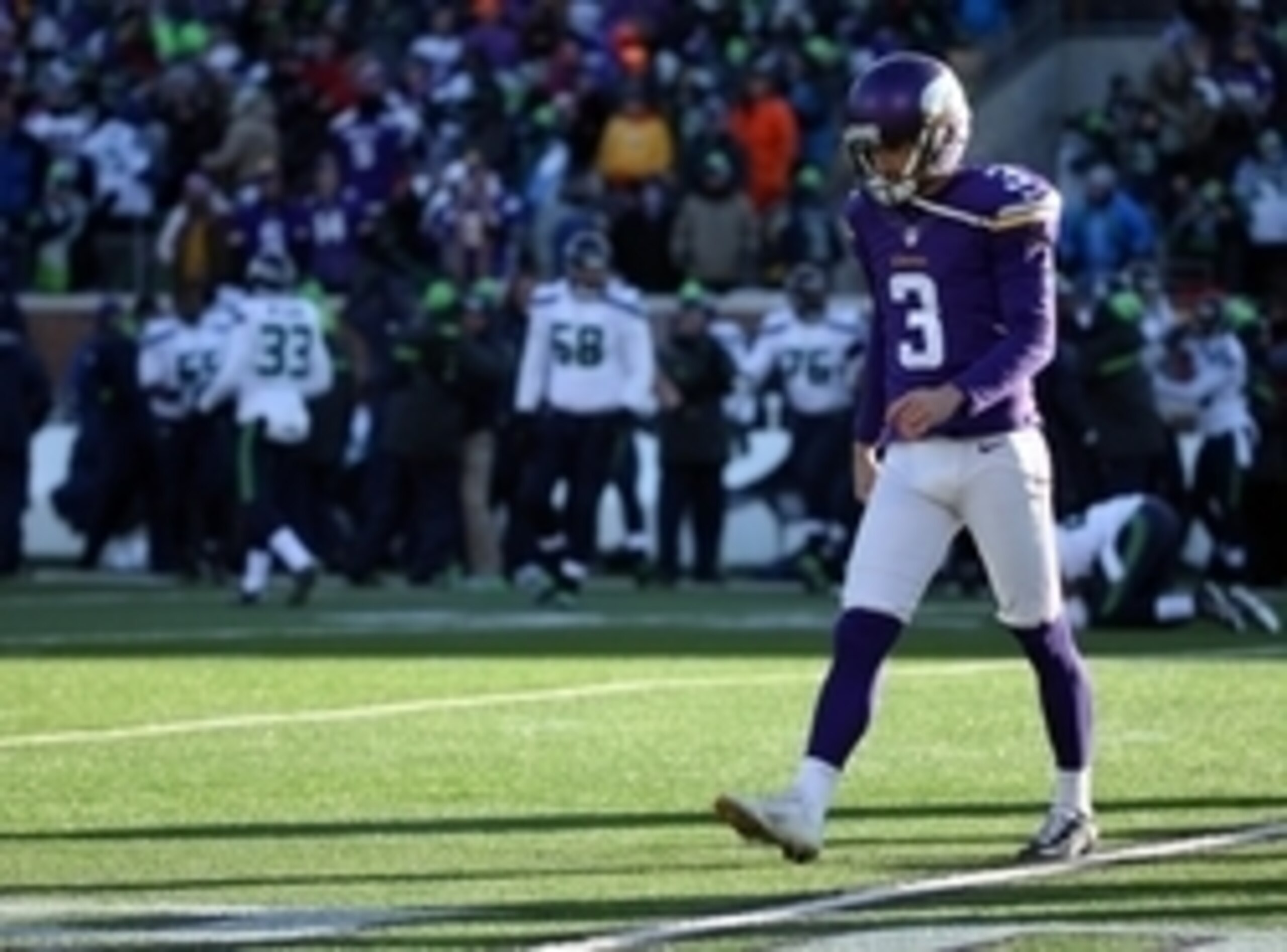 Jan 10, 2016; Minneapolis, MN, USA; Minnesota Vikings kicker Blair Walsh (3) reacts after missing a field goal attempt against the Seattle Seahawks in the fourth quarter of a NFC Wild Card playoff football game at TCF Bank Stadium. Mandatory Credit: Brace