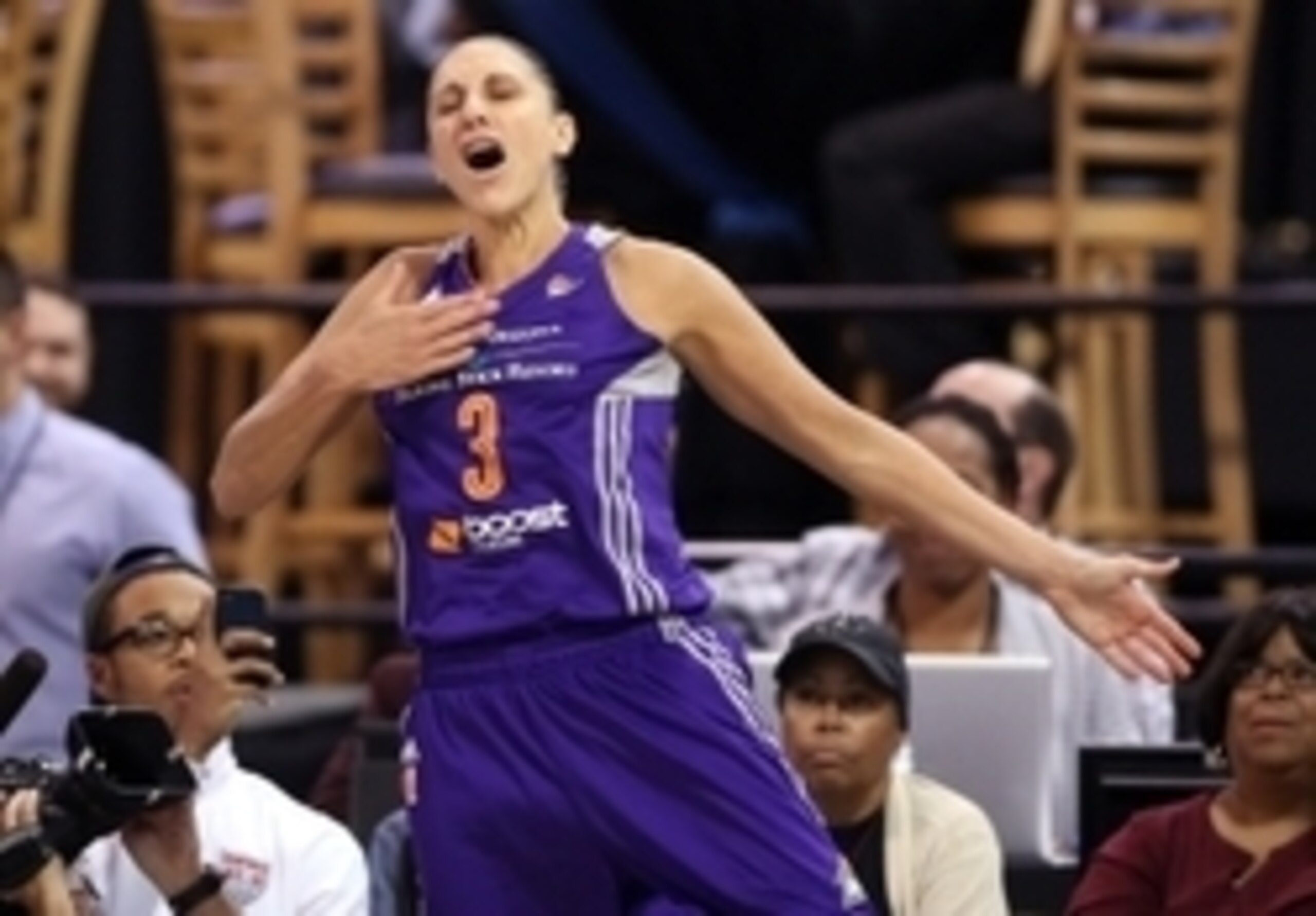Sep 12, 2014; Chicago, IL, USA; Phoenix Mercury guard Diana Taurasi (3) celebrates after making a basket while being fouled by the Chicago Sky in the fourth quarter in game three of the 2014 WNBA Finals at UIC Pavilion. Mandatory Credit: Jerry Lai-USA TOD