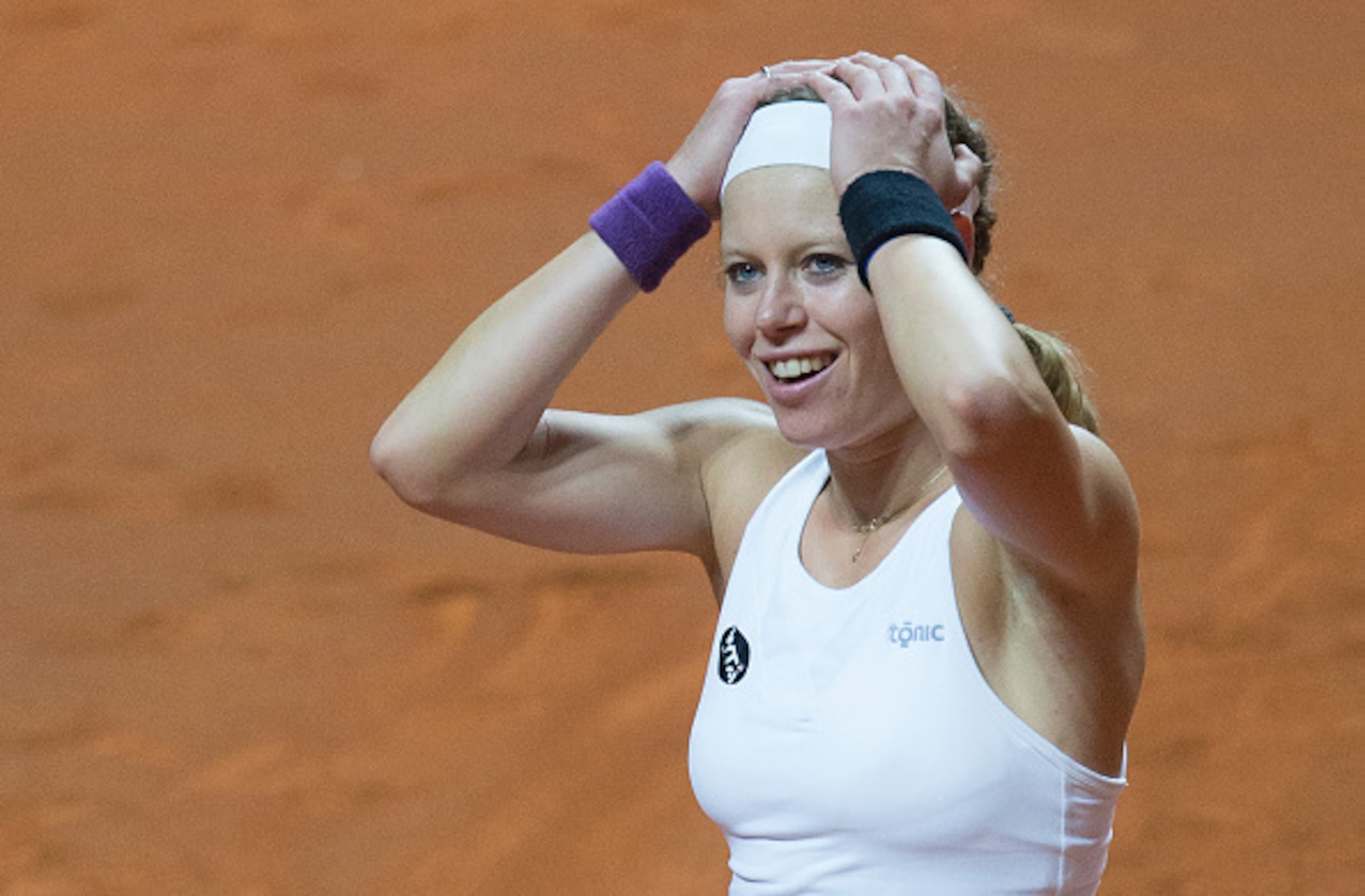Laura Siegemund reacts to upsetting Agnieszka Radwanska at Stuttgart.