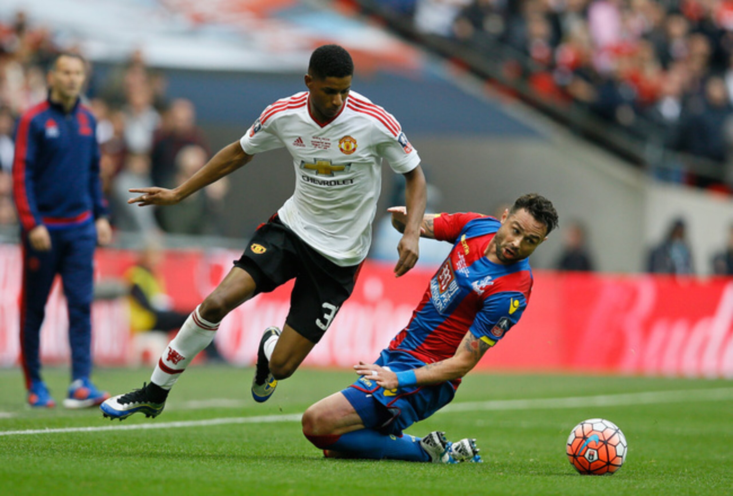 Rashford in mid-flight during the FA Cup final.
