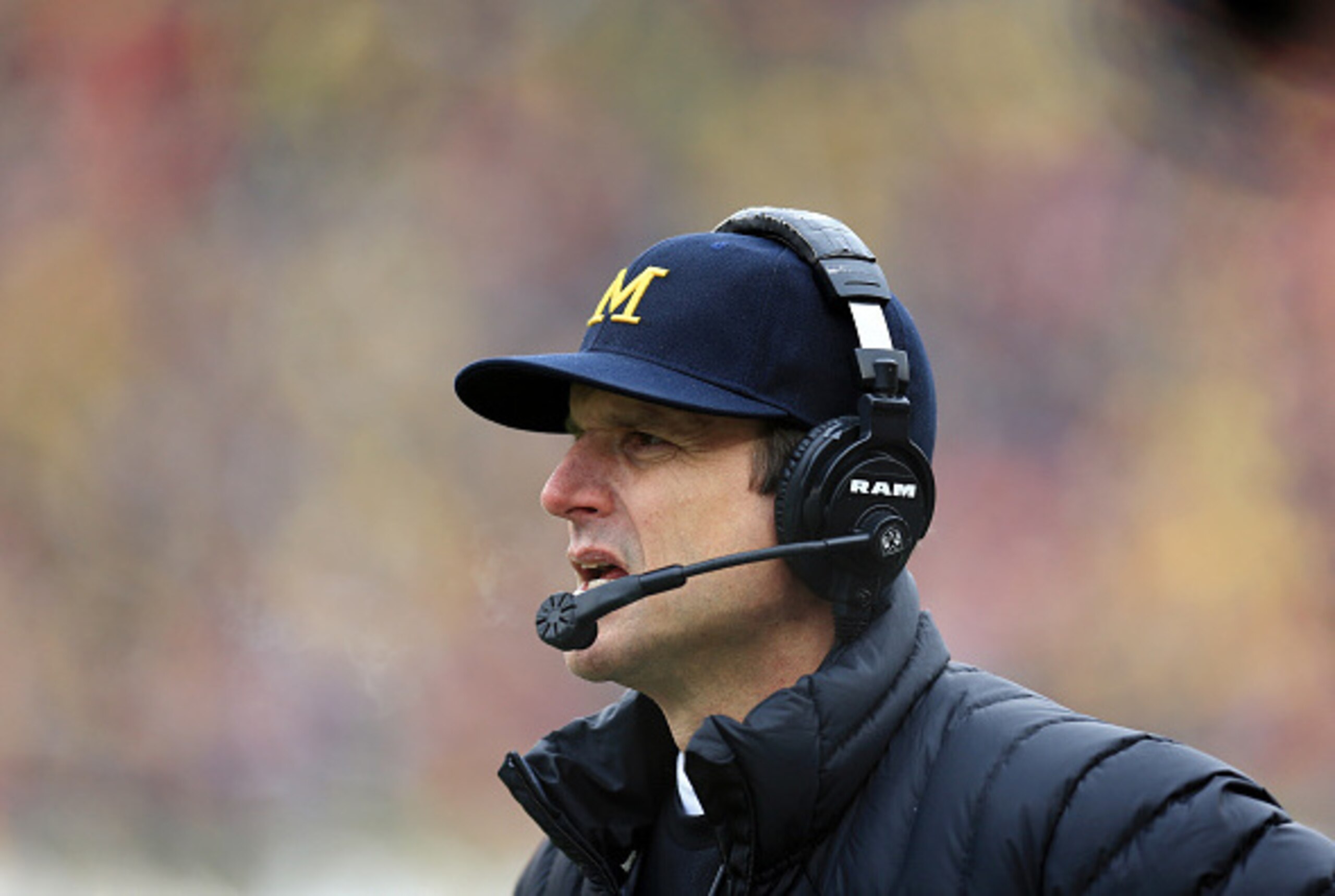 ANN ARBOR, MI - NOVEMBER 28: Head coach Jim Harbaugh of the Michigan Wolverines during the game against the Ohio State Buckeyes at Michigan Stadium on November 28, 2015 in Ann Arbor, Michigan. Ohio State defeated Michigan 42-13. (Photo by Andrew Weber/Get ANN ARBOR, MI - NOVEMBER 28: Head coach Jim Harbaugh of the Michigan Wolverines during the game against the Ohio State Buckeyes at Michigan Stadium on November 28, 2015 in Ann Arbor, Michigan. Ohio State defeated Michigan 42-13. (Photo by Andrew Weber/Get