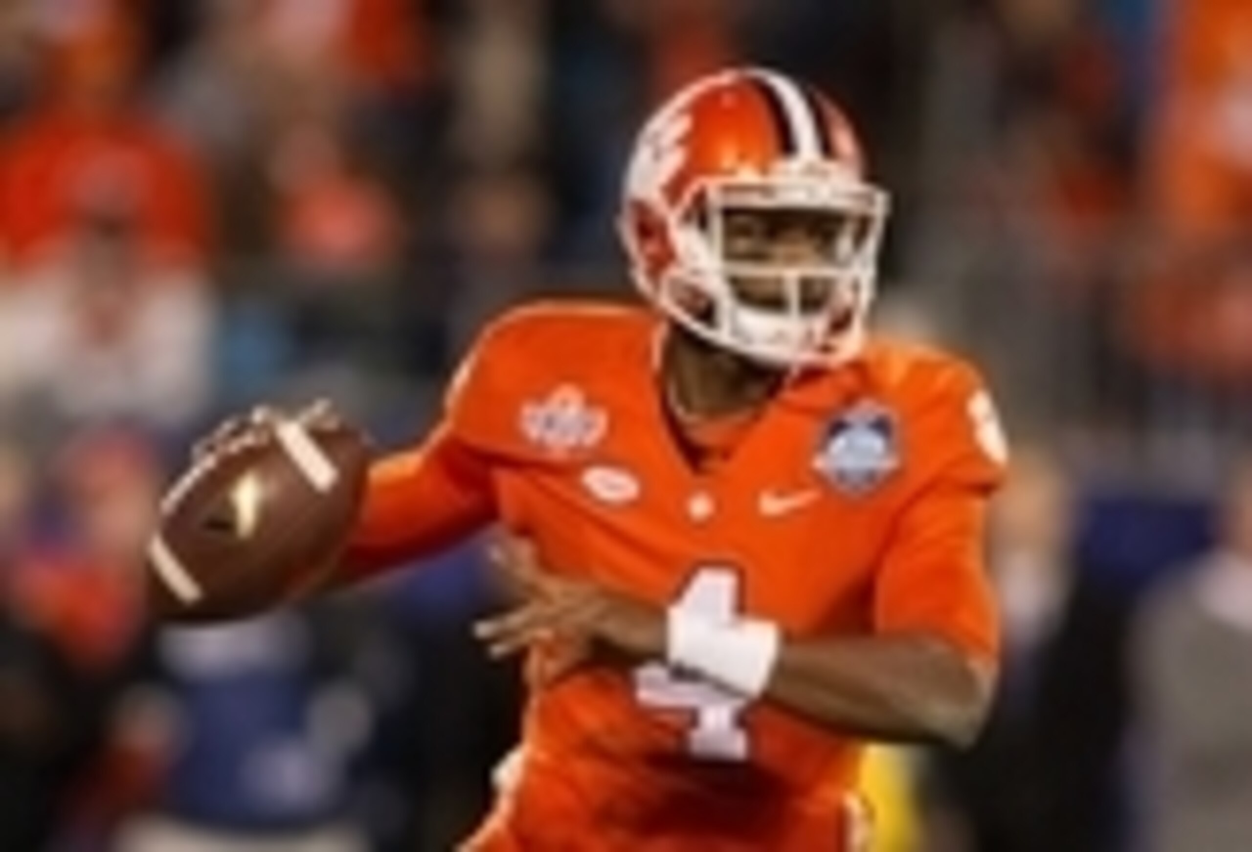 Dec 5, 2015; Charlotte, NC, USA; Clemson Tigers quarterback Deshaun Watson (4) prepares to throw the ball during the first quarter against the North Carolina Tar Heels in the ACC football championship game at Bank of America Stadium. Mandatory Credit: Jer Dec 5, 2015; Charlotte, NC, USA; Clemson Tigers quarterback Deshaun Watson (4) prepares to throw the ball during the first quarter against the North Carolina Tar Heels in the ACC football championship game at Bank of America Stadium. Mandatory Credit: Jer