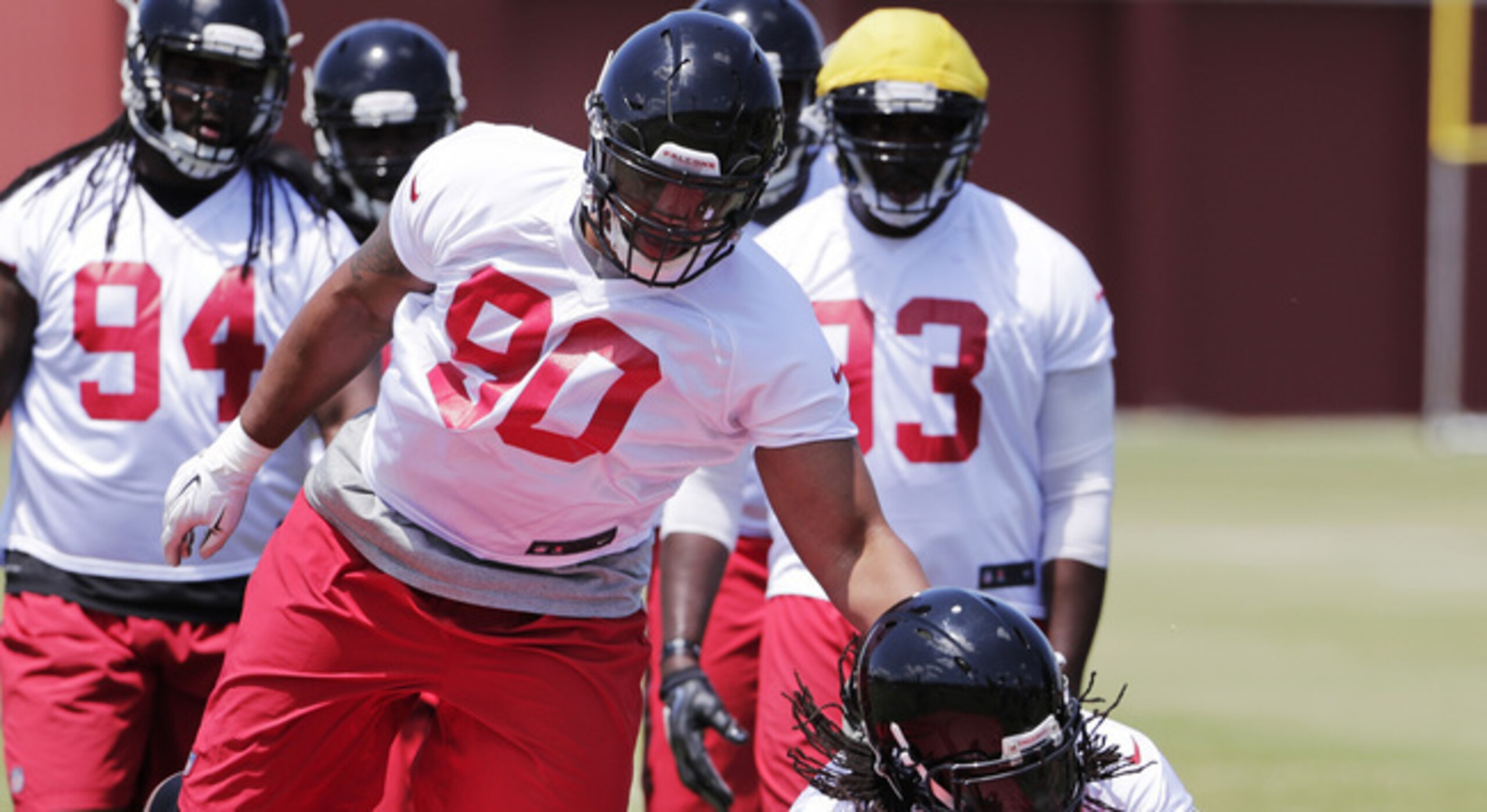 New Atlanta Falcons defensive end Derrick Shelby (90) participated in May's OTAs. New Atlanta Falcons defensive end Derrick Shelby (90) participated in May's OTAs.