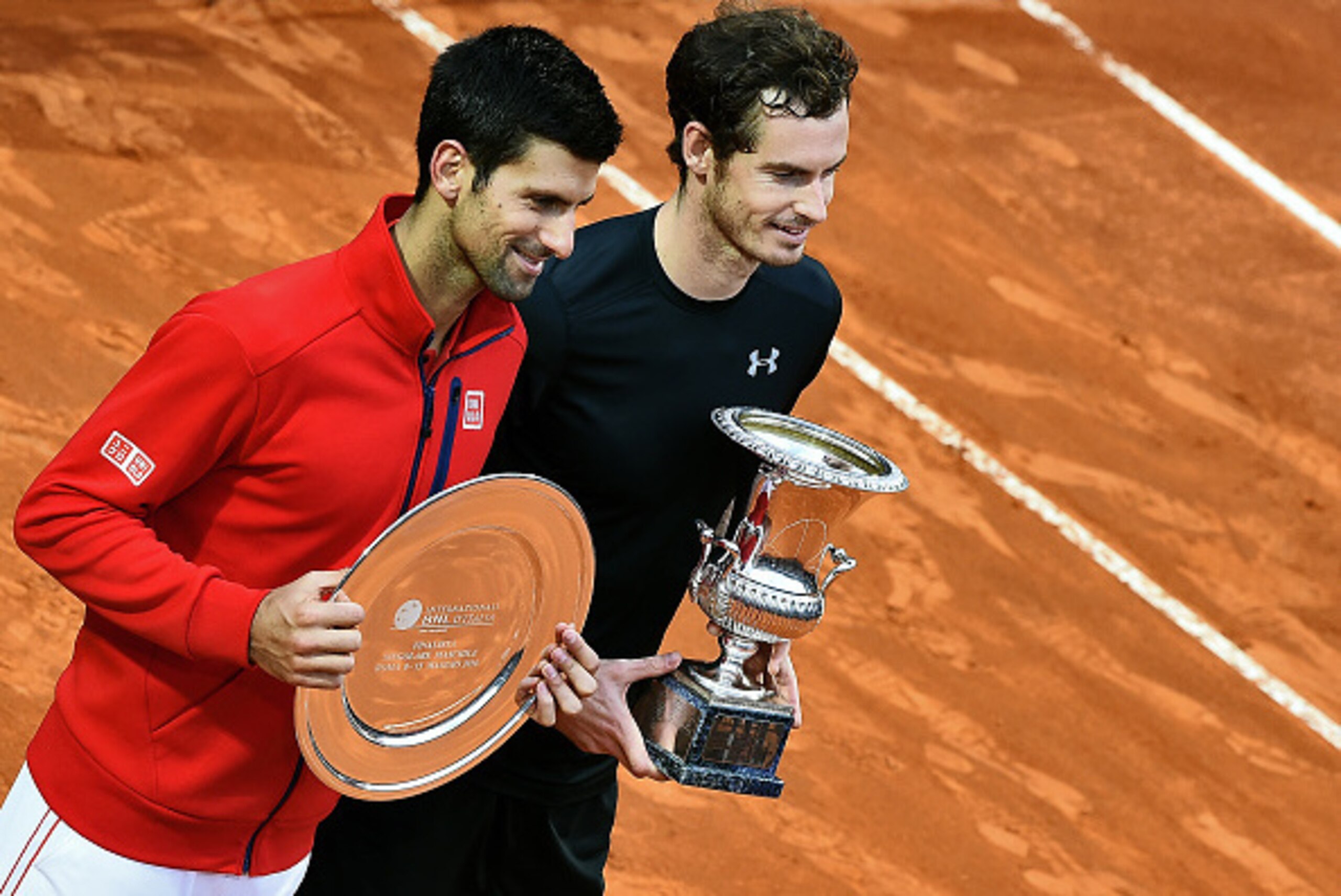 Novak Djokovic and Andy Murray during the trophy ceremony at the 2016 BNL d'Italia in Rome.
