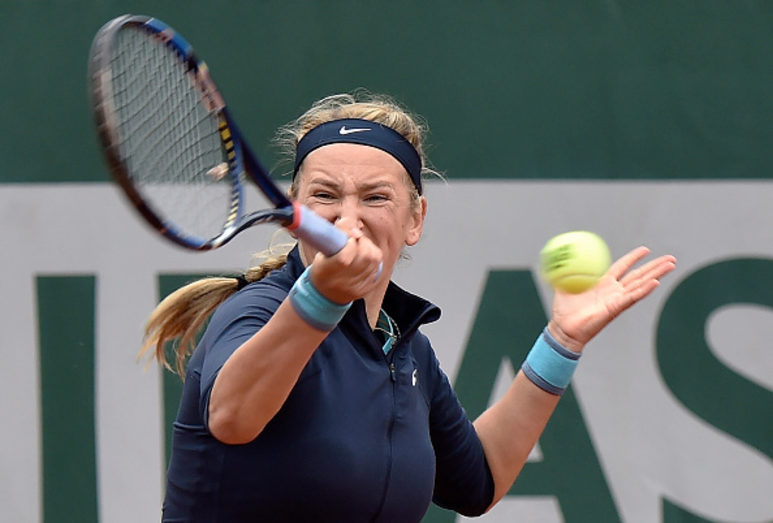 Victoria Azarenka hits a forehand during the 2016 French Open.