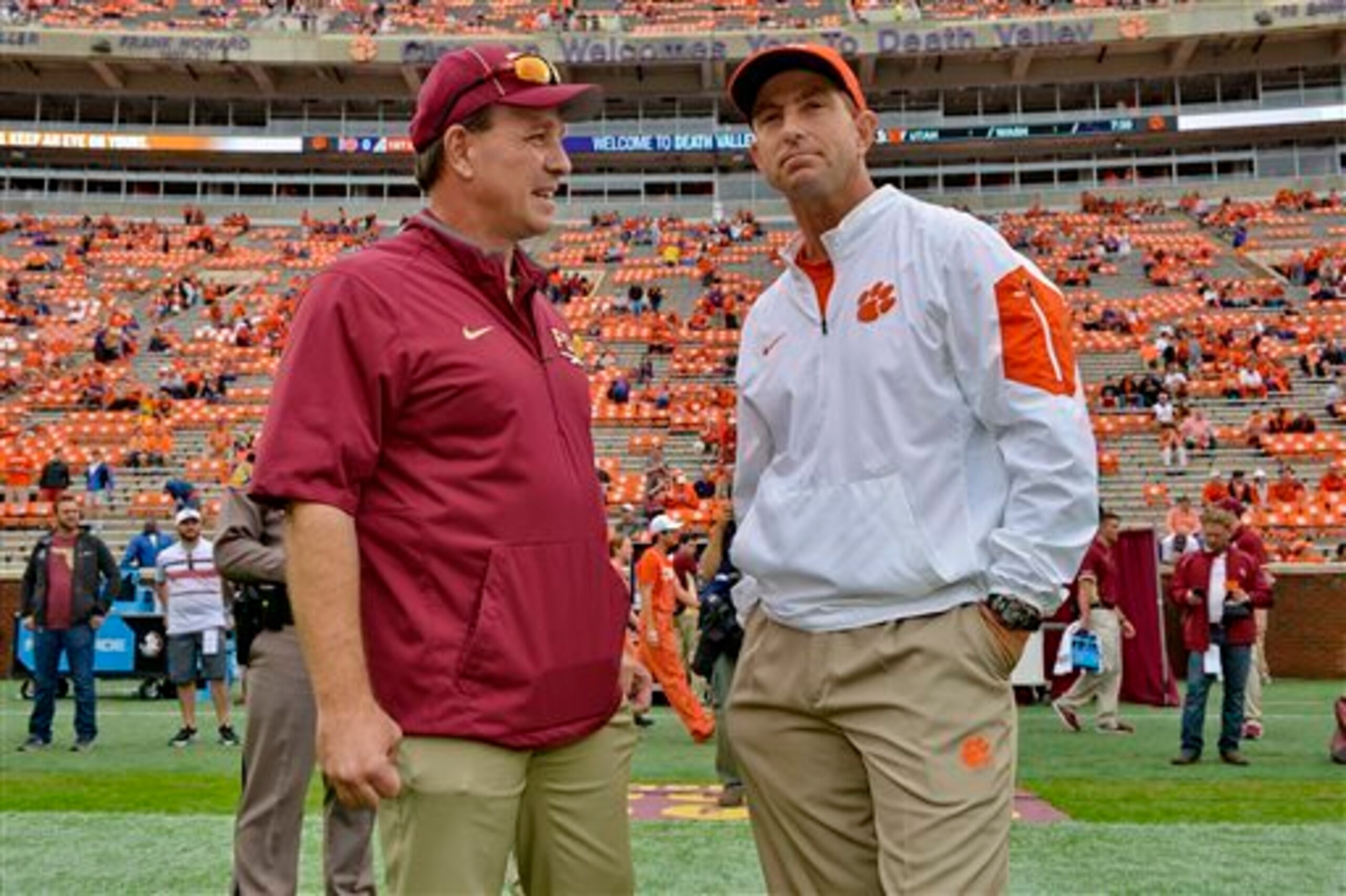 Florida State head coach Jimbo Fisher, left, and Clemson head coach Dabo Swinney have sights set on several of America's premier prospects.