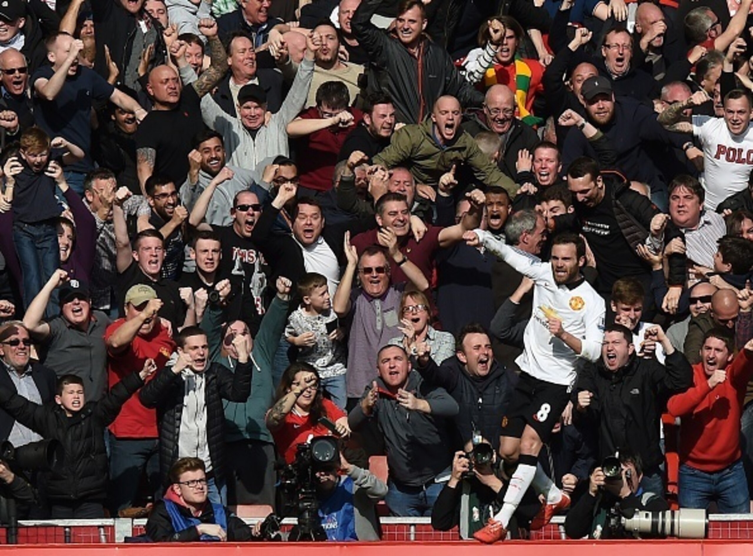 Juan Mata celebrates his March 2015 wonder-goal at Anfield in front of the travelling support.