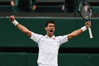 Djokovic lets out a roar after winning the 2015 Wimbledon title. Djokovic lets out a roar after winning the 2015 Wimbledon title.