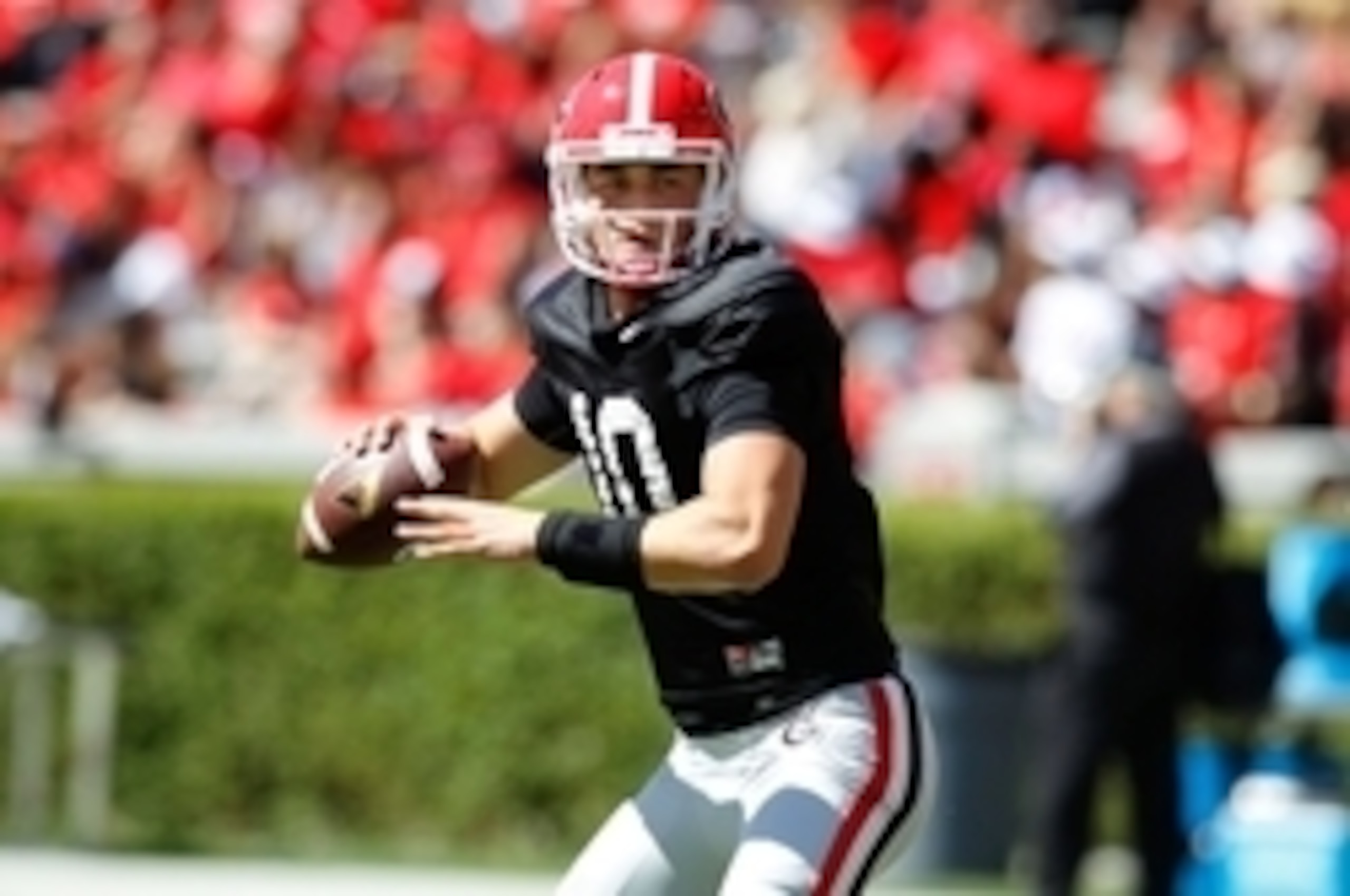 Apr 16, 2016; Athens, GA, USA; Georgia Bulldogs quarterback Jacob Eason (10) throws before the spring game at Sanford Stadium. Mandatory Credit: Brett Davis-USA TODAY Sports