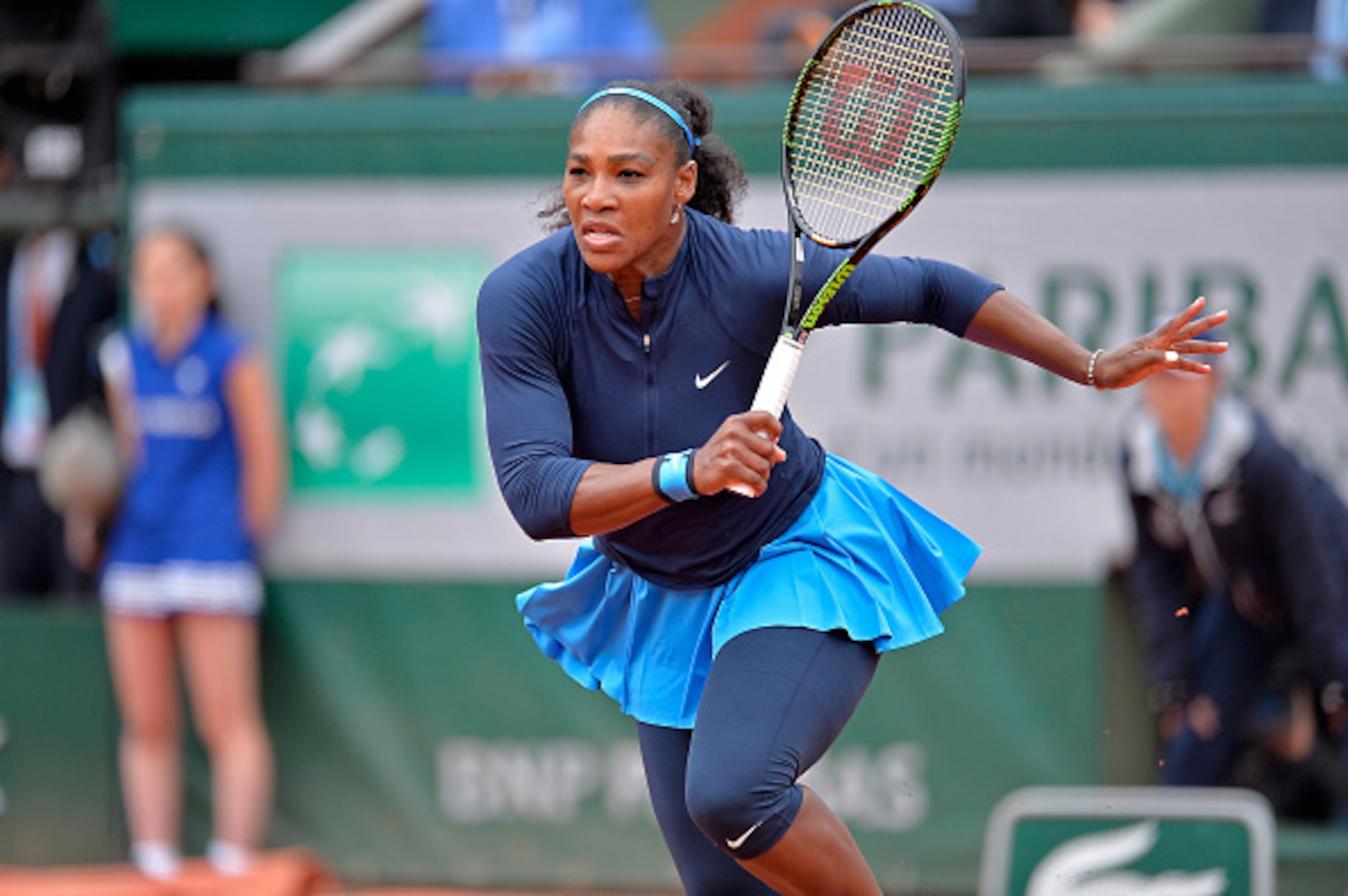 Serena Williams dashes to make a play on the ball at the 2016 French Open.