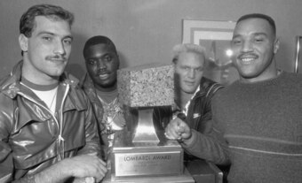 Cornelius Bennett, right, stands with the the other finalists for the 1986 Lombardi Trophy for best lineman.