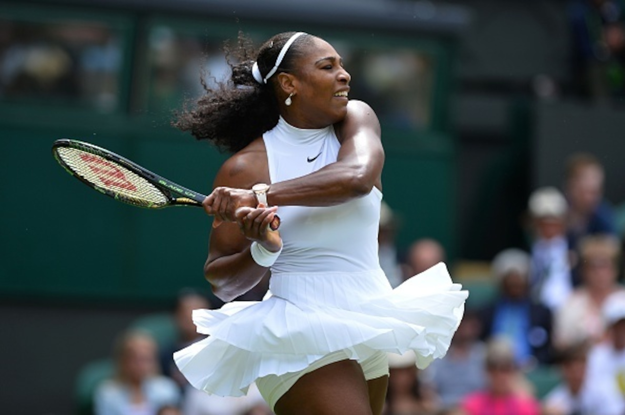 Serena Williams rips a backhand during her first-round match at Wimbledon 2016. Serena Williams rips a backhand during her first-round match at Wimbledon 2016.
