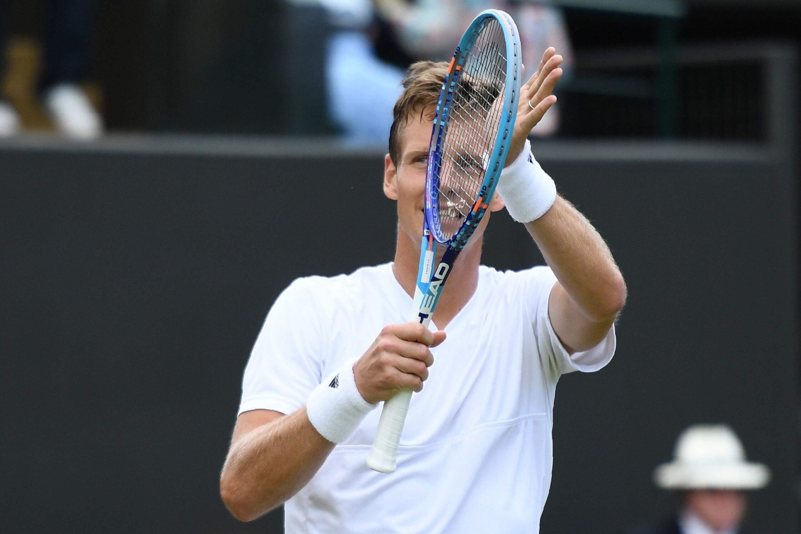 Tomas Berdych celebrates winning a fourth-round match at Wimbledon 2016. Tomas Berdych celebrates winning a fourth-round match at Wimbledon 2016.