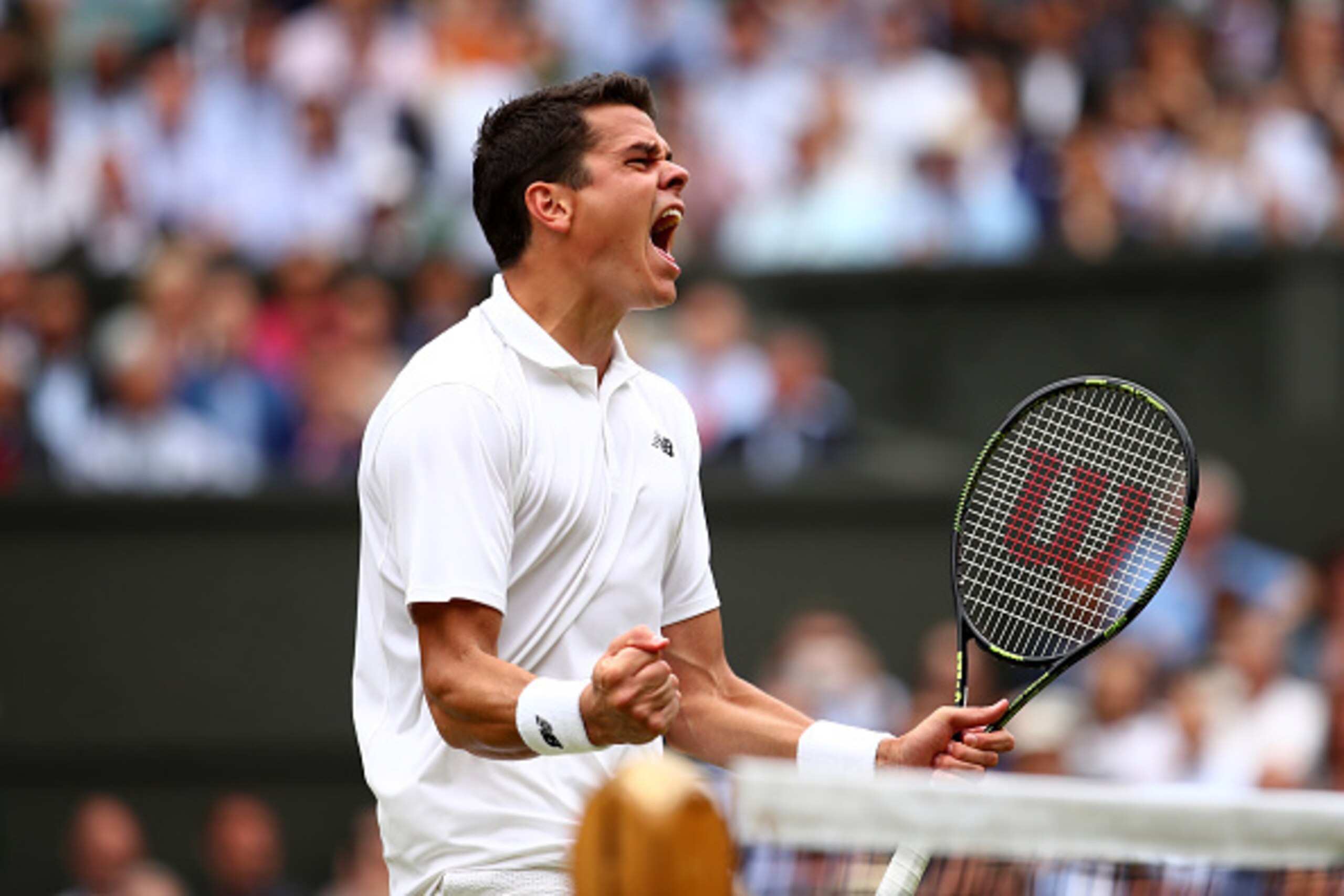 Milos Raonic celebrates win over Roger Federer in the semifinals at Wimbledon 2016.