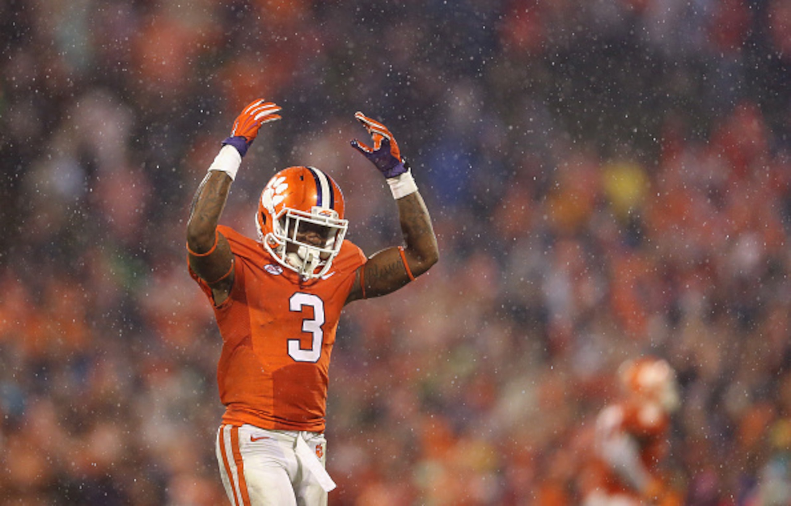 CLEMSON, SC - OCTOBER 03:  Artavis Scott #3 of the Clemson Tigers reacts after the Tigers defeated the Notre Dame Fighting Irish 24-22 during their game at Clemson Memorial Stadium on October 3, 2015 in Clemson, South Carolina.  (Photo by Streeter Lecka/G