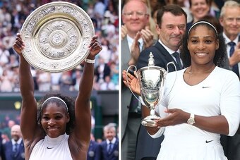 Serena Williams shows off trophies she received for winning the women's singles and doubles titles at Wimbledon 2016.