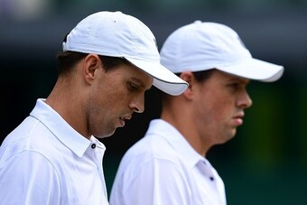 Mike and Bob Bryan during a match at Wimbledon 2016.
