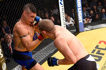 Joe Lauzon (right) hits Diego Sanchez.