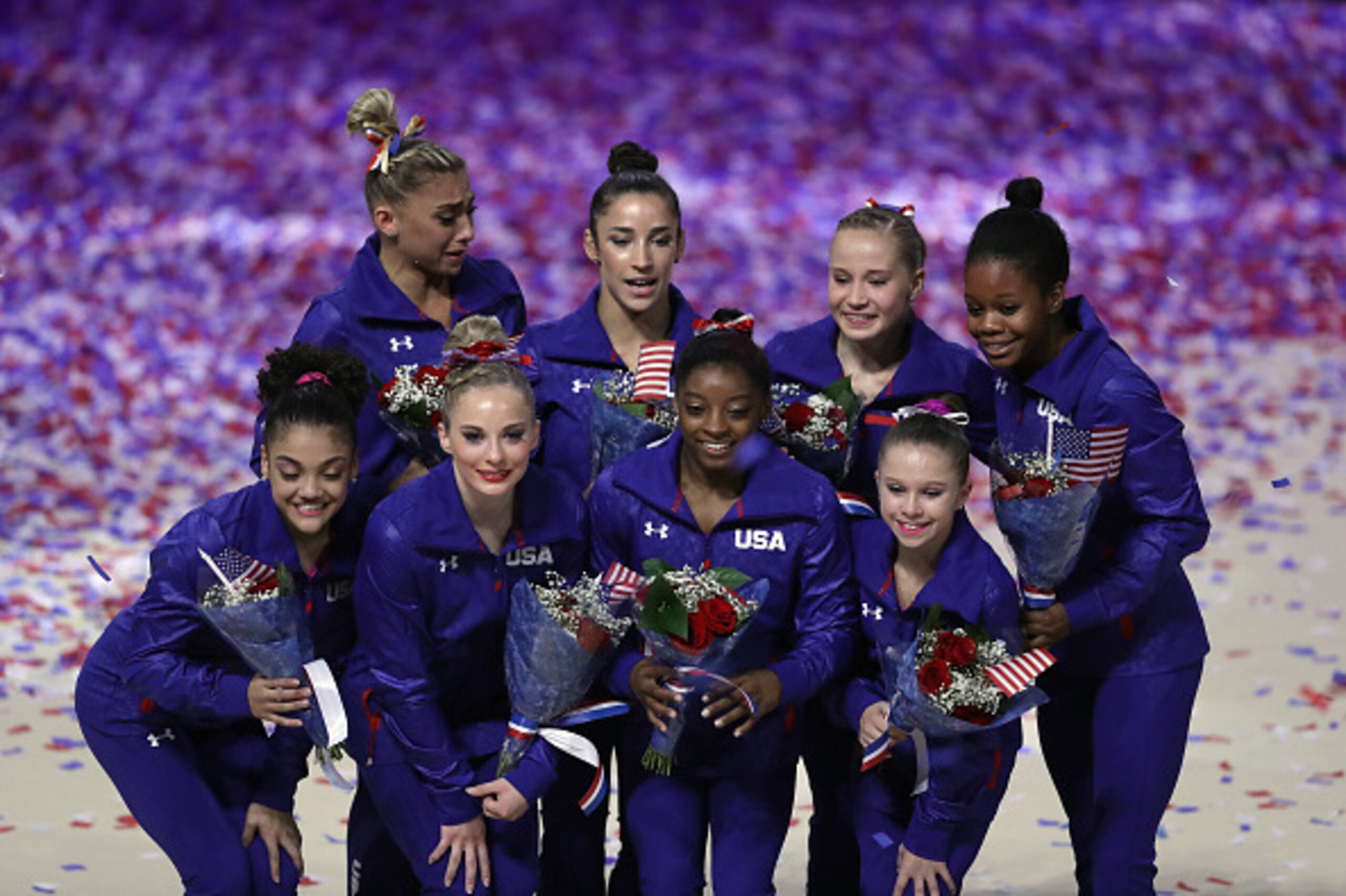 From left to right: (top row) Ashton Locklear, Aly Raisman, Madison Kocian, Gabby Douglas. Bottom row: Laurie Hernandez, MyKayla Skinner, Simone Biles, Ragan Smith.
