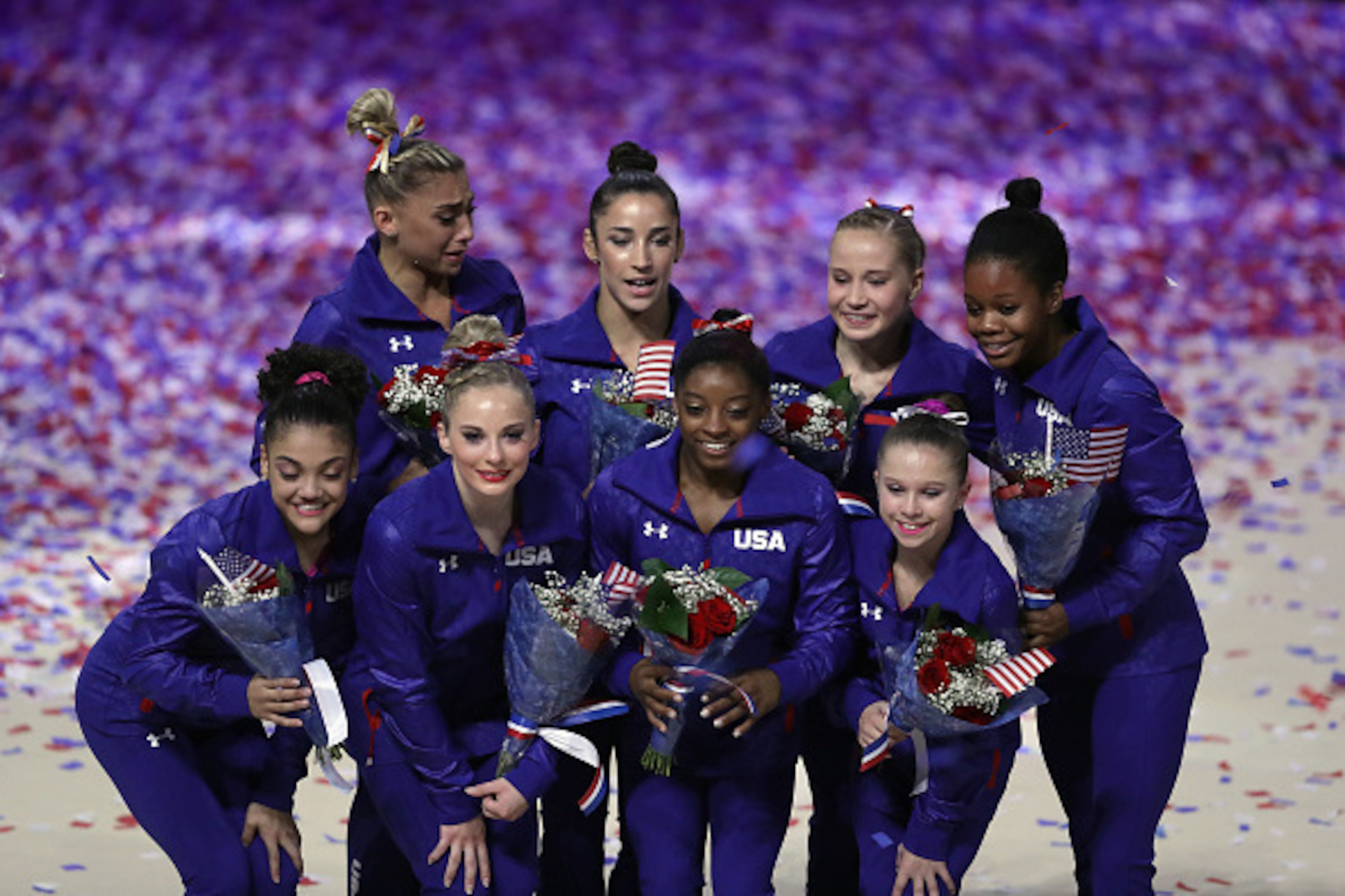 From left to right: (top row) Ashton Locklear, Aly Raisman, Madison Kocian, Gabby Douglas. Bottom row: Laurie Hernandez, MyKayla Skinner, Simone Biles, Ragan Smith.
