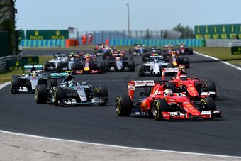 Sebastian Vettel leads at the start of the 2015 Hungarian Grand Prix.