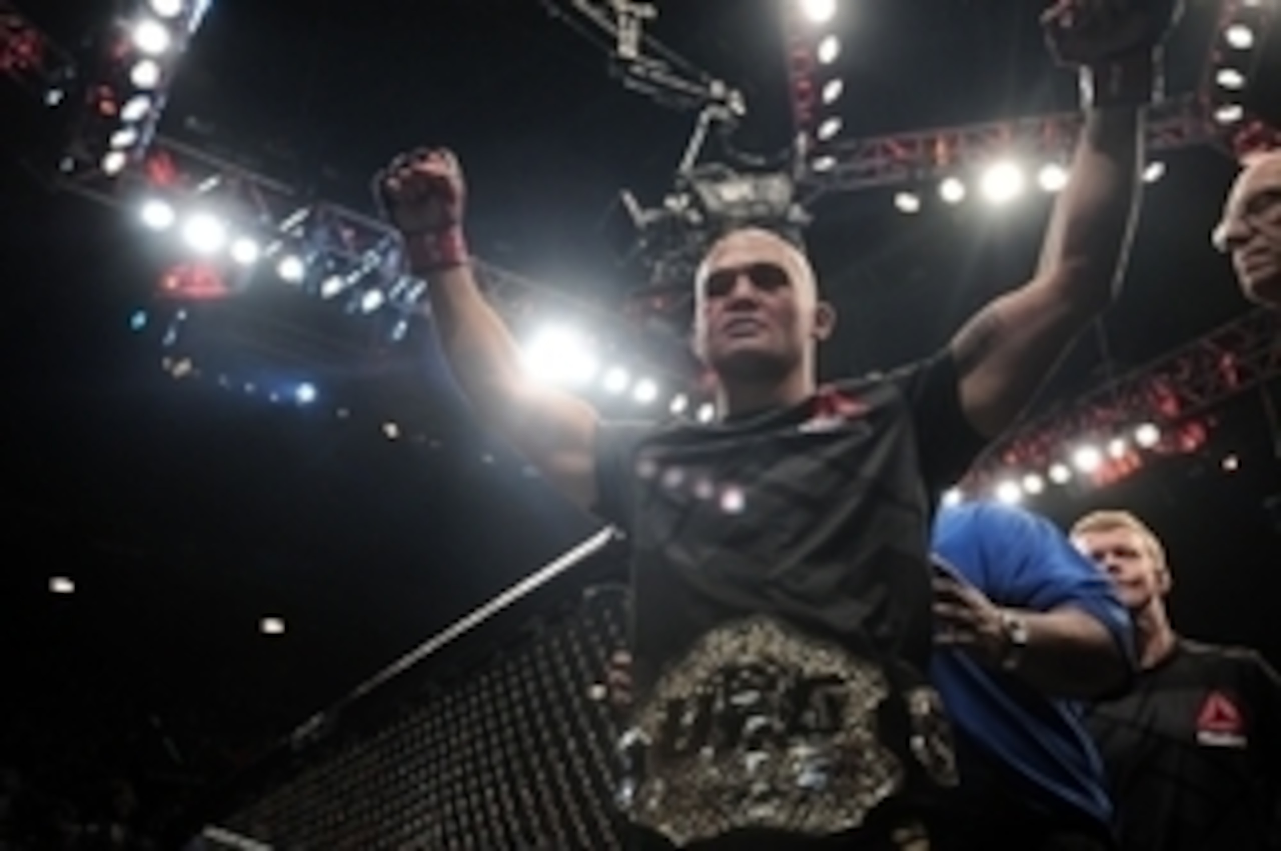 Jul 11, 2015; Las Vegas, NV, USA; Robbie Lawler celebrates after defeating Rory MacDonald (not pictured) in their welterweight title bout during UFC 189 at MGM Grand Garden Arena. Lawler won via fifth round TKO. Mandatory Credit: Joe Camporeale-USA TODAY 