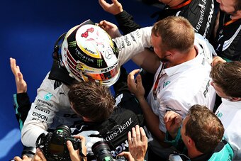 Lewis Hamilton celebrates his Hungarian Grand Prix victory.