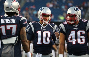 The Patriots are counting on Jimmy Garoppolo (center) to start the first month of the 2016 season.