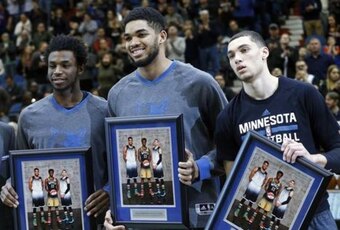 From left to right: Andrew Wiggins, Karl-Anthony Towns and Zach LaVine