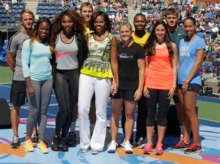 Sloane Stephens and Serena Williams (left) stand next to First Lady Michelle Obama. Christina McHale and Madison Keys (far right) at 2013 U.S. Open.