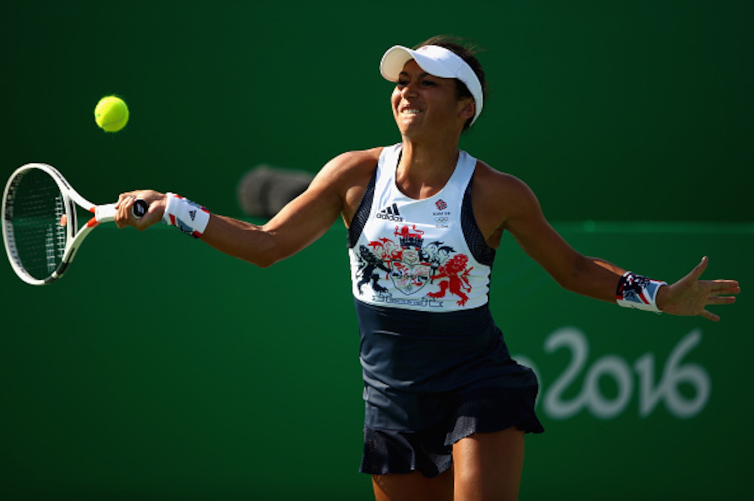 Heather Watson hits a forehand during her first-round match at the 2016 Summer Games.