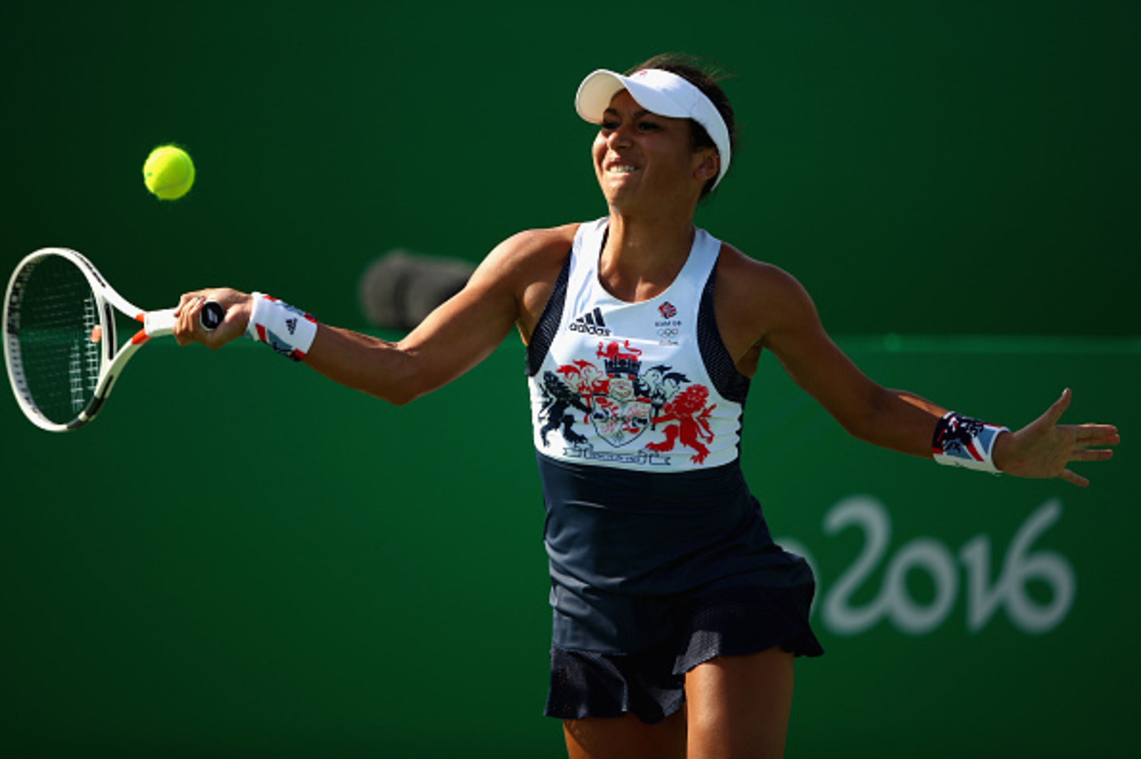 Heather Watson hits a forehand during her first-round match at the 2016 Summer Games.