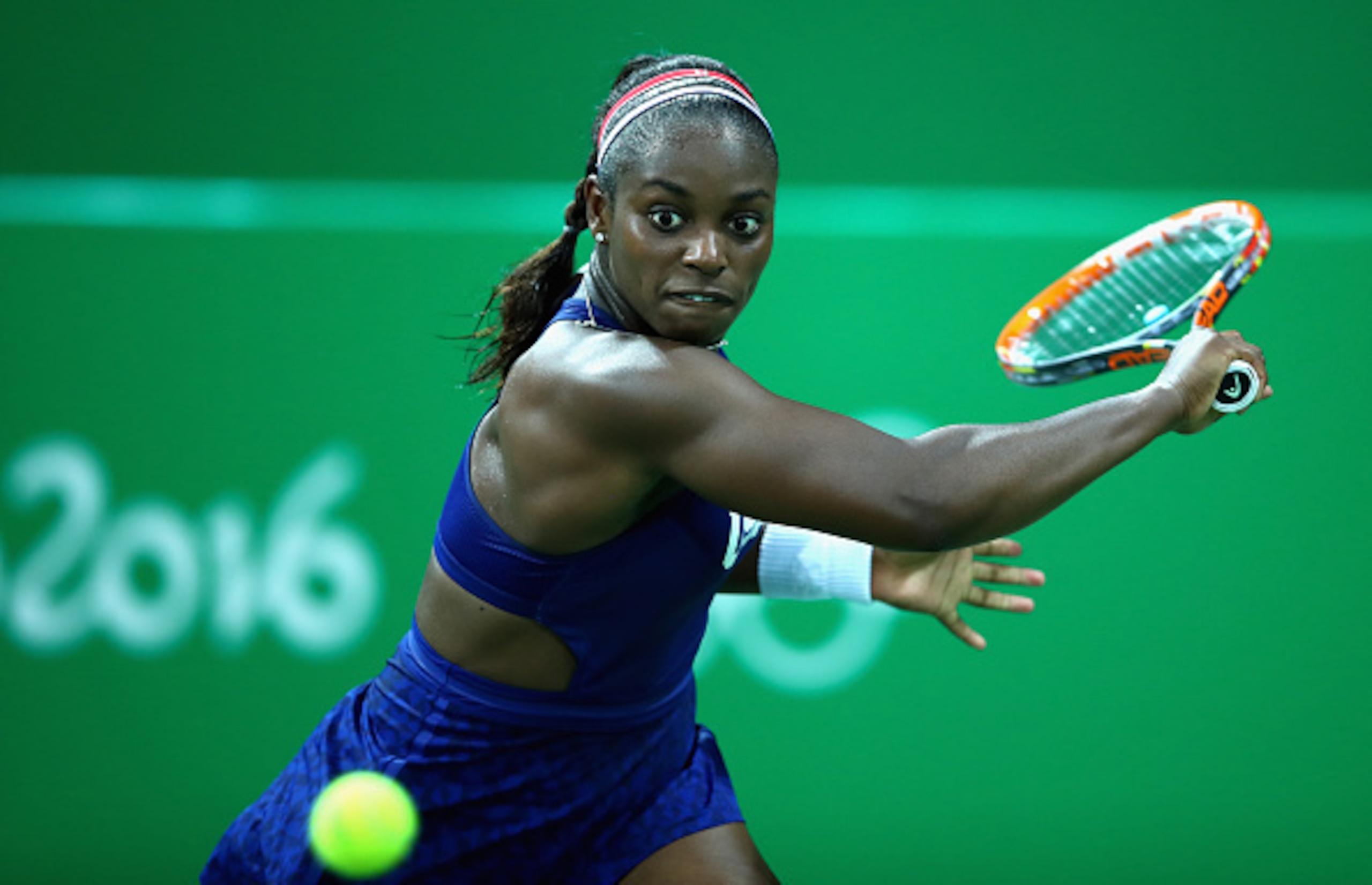 Sloane Stephens prepares to hit a backhand slice during her first-round loss at the 2016 Olympics in Rio.