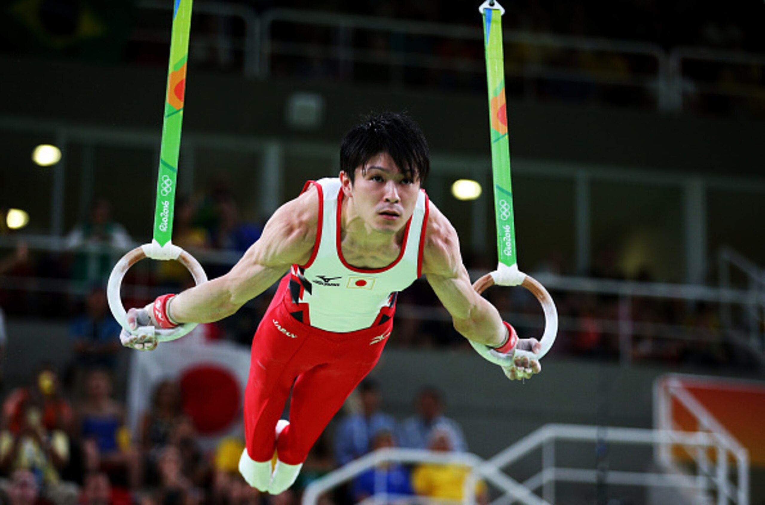 Japan's Kohei Uchimura on the still rings.
