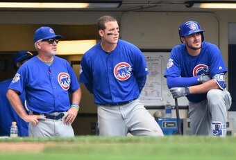 Joe Maddon, Anthony Rizzo and Kris Bryant