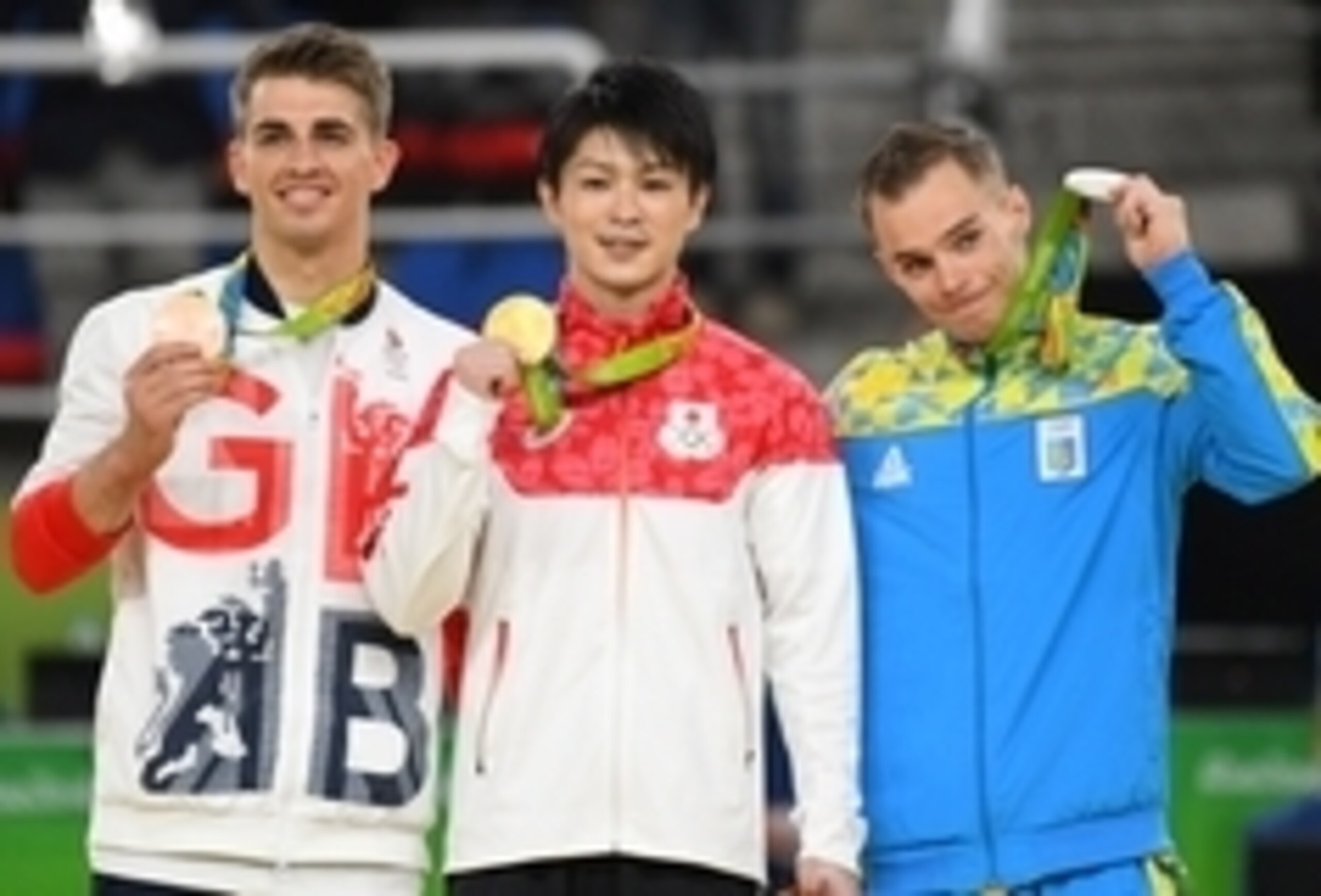 Kohei Uchimura (gold), Oleg Verniaiev (silver) and Max Whitlock (bronze)