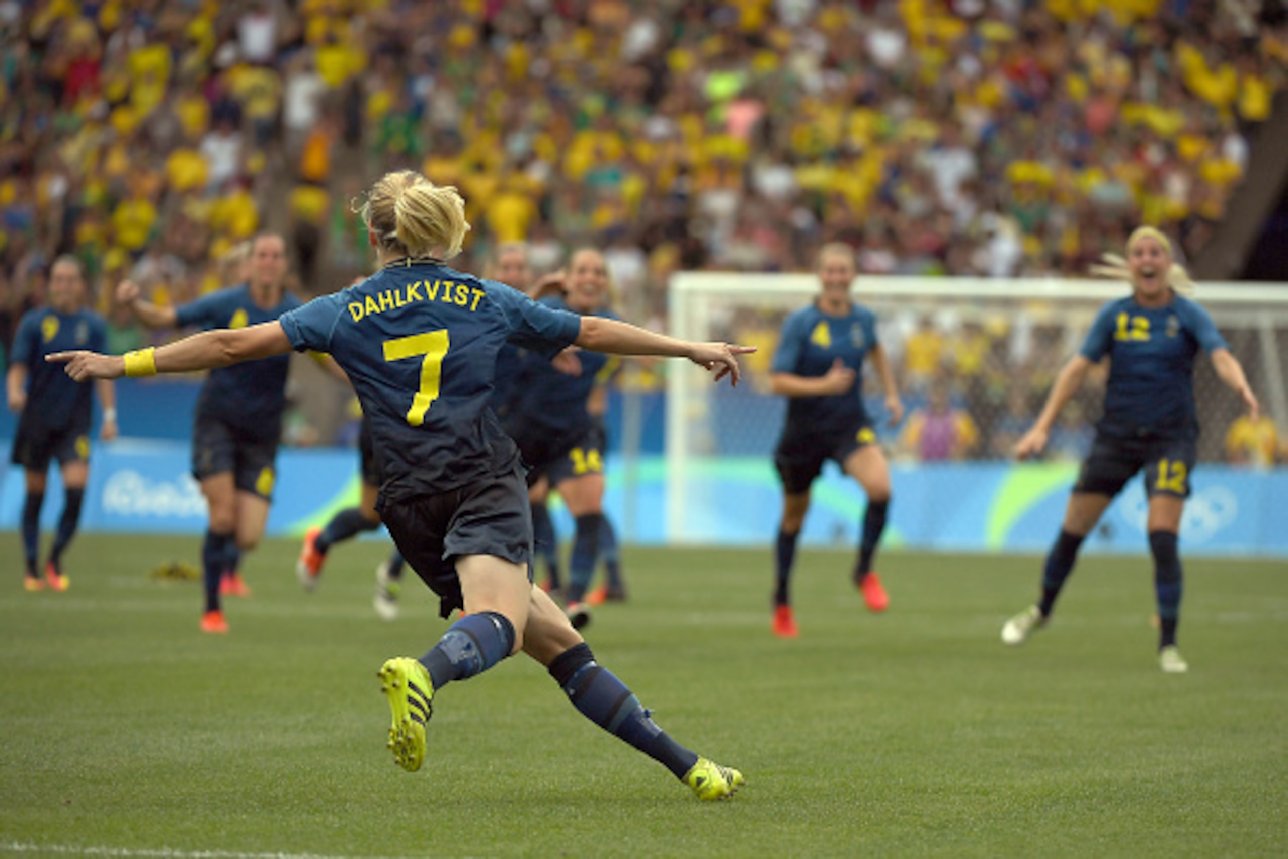 Dahlkvist celebrates her winning penalty against Brazil.